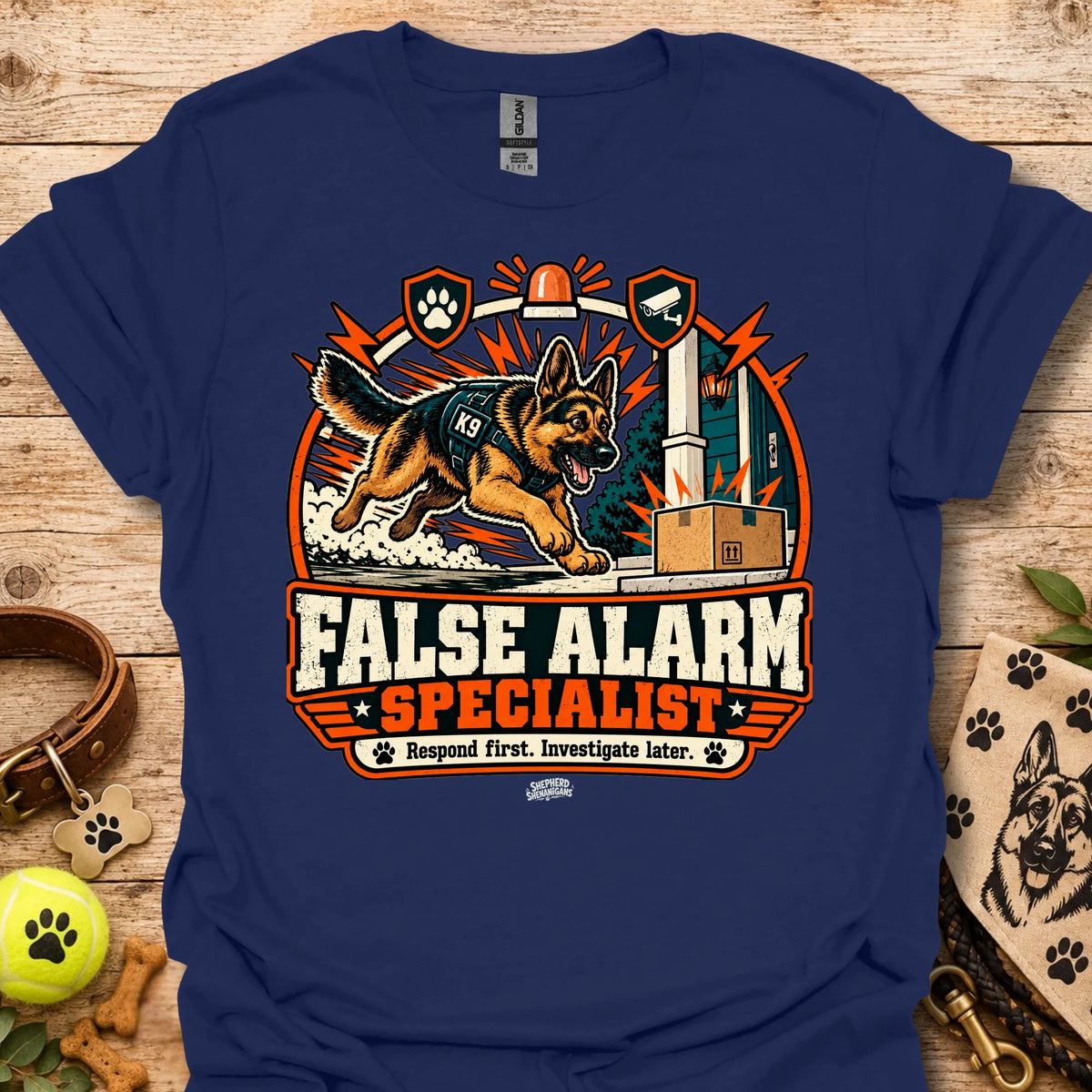 Navy crewneck t-shirt with German shepherd and "False Alarm Specialist" graphic