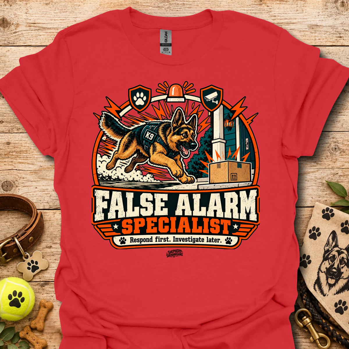 Red crewneck t-shirt with German shepherd and "False Alarm Specialist" graphic