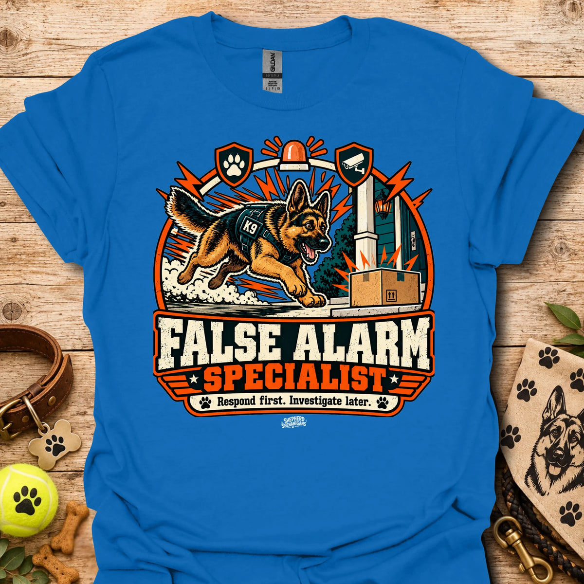 Royal blue crewneck t-shirt with German shepherd and "False Alarm Specialist" graphic