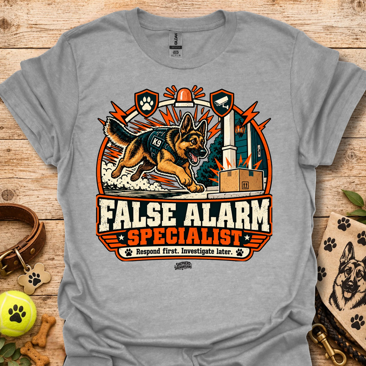 Heather gray crewneck t-shirt with German shepherd and "False Alarm Specialist" graphic
