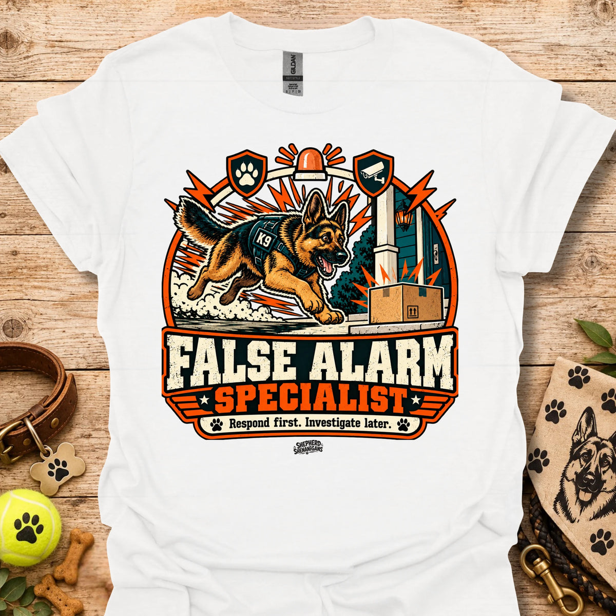 White crewneck t-shirt with German shepherd and "False Alarm Specialist" graphic