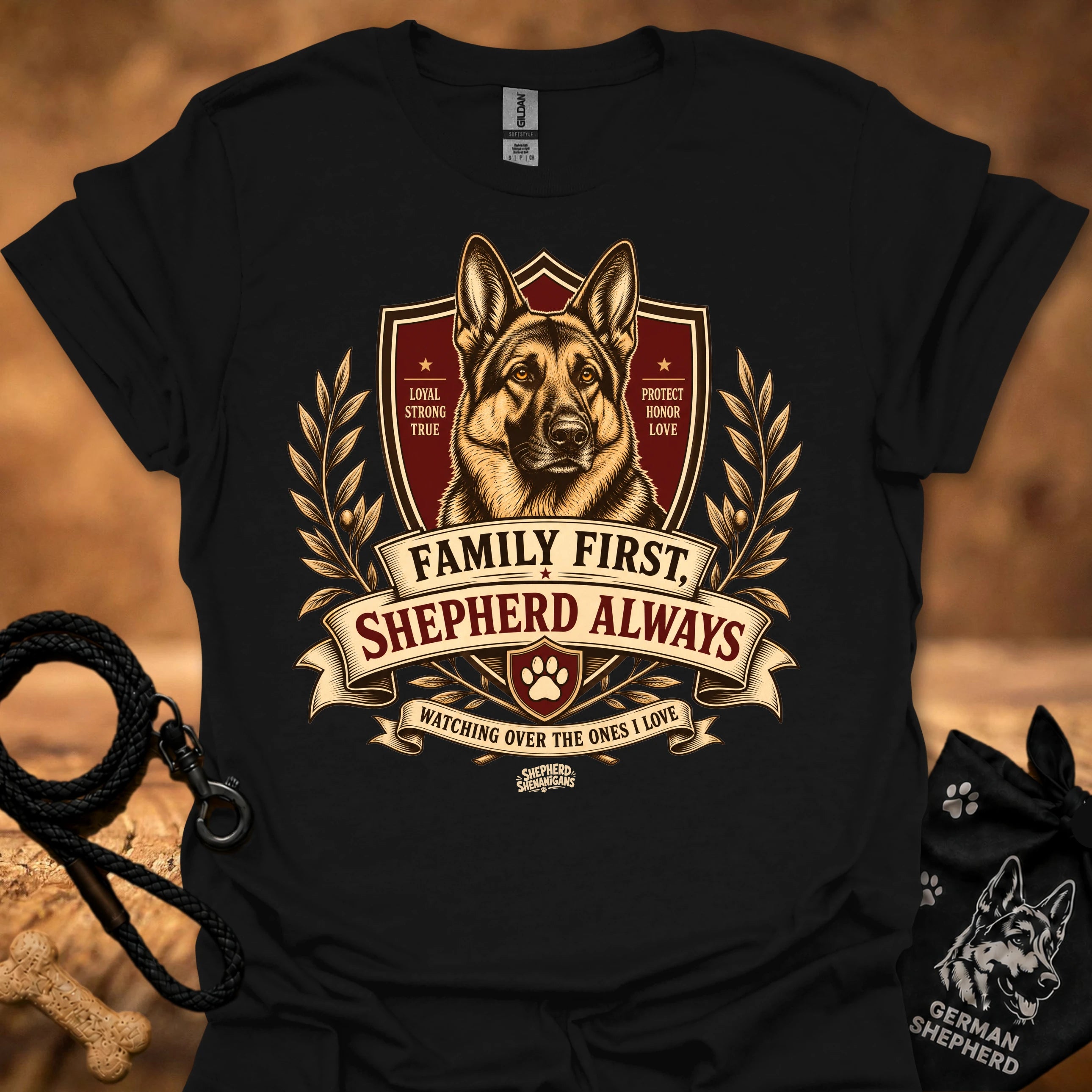 Black crew-neck T-shirt with German shepherd crest graphic and ribbon text