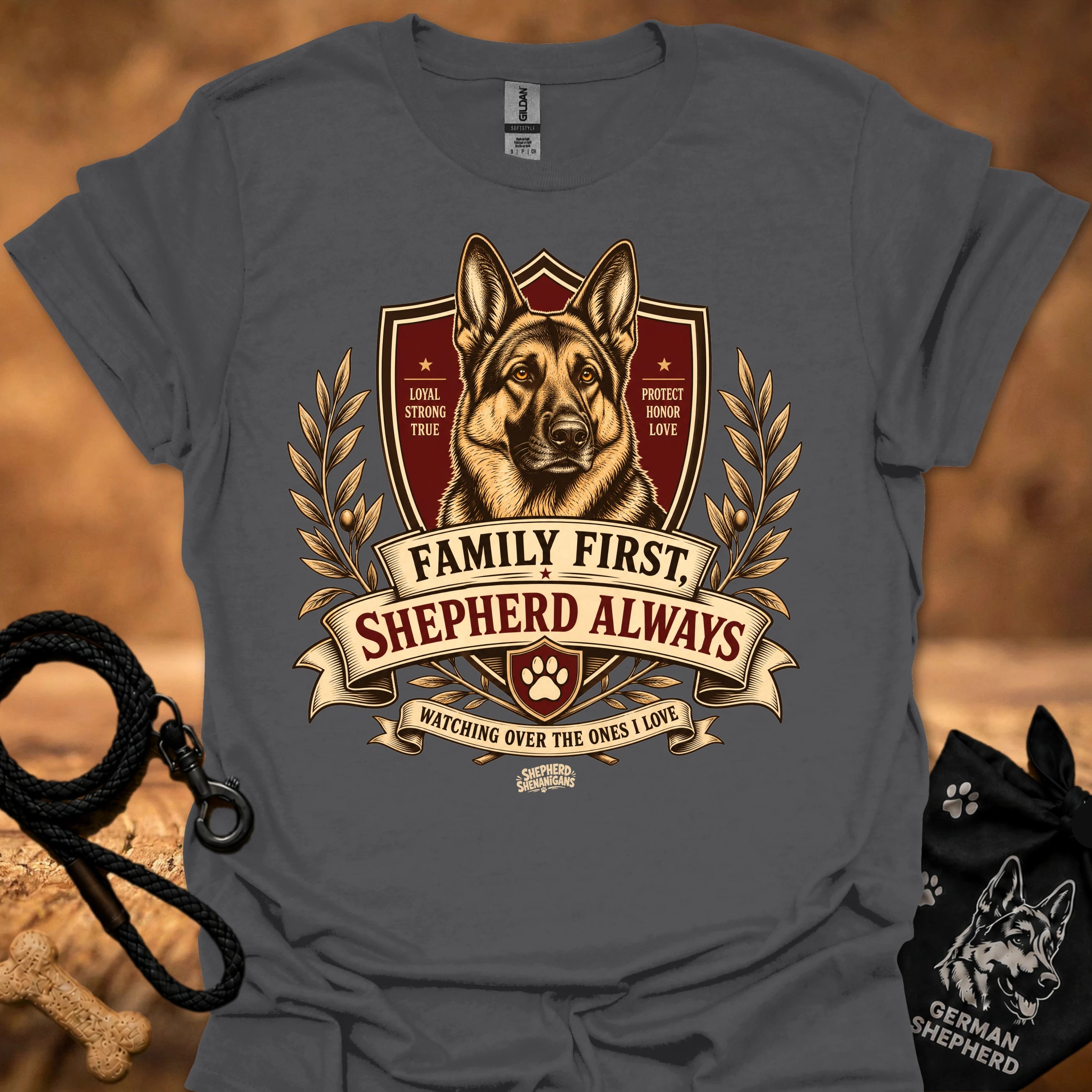 Charcoal crew-neck T-shirt with German shepherd crest graphic and ribbon text