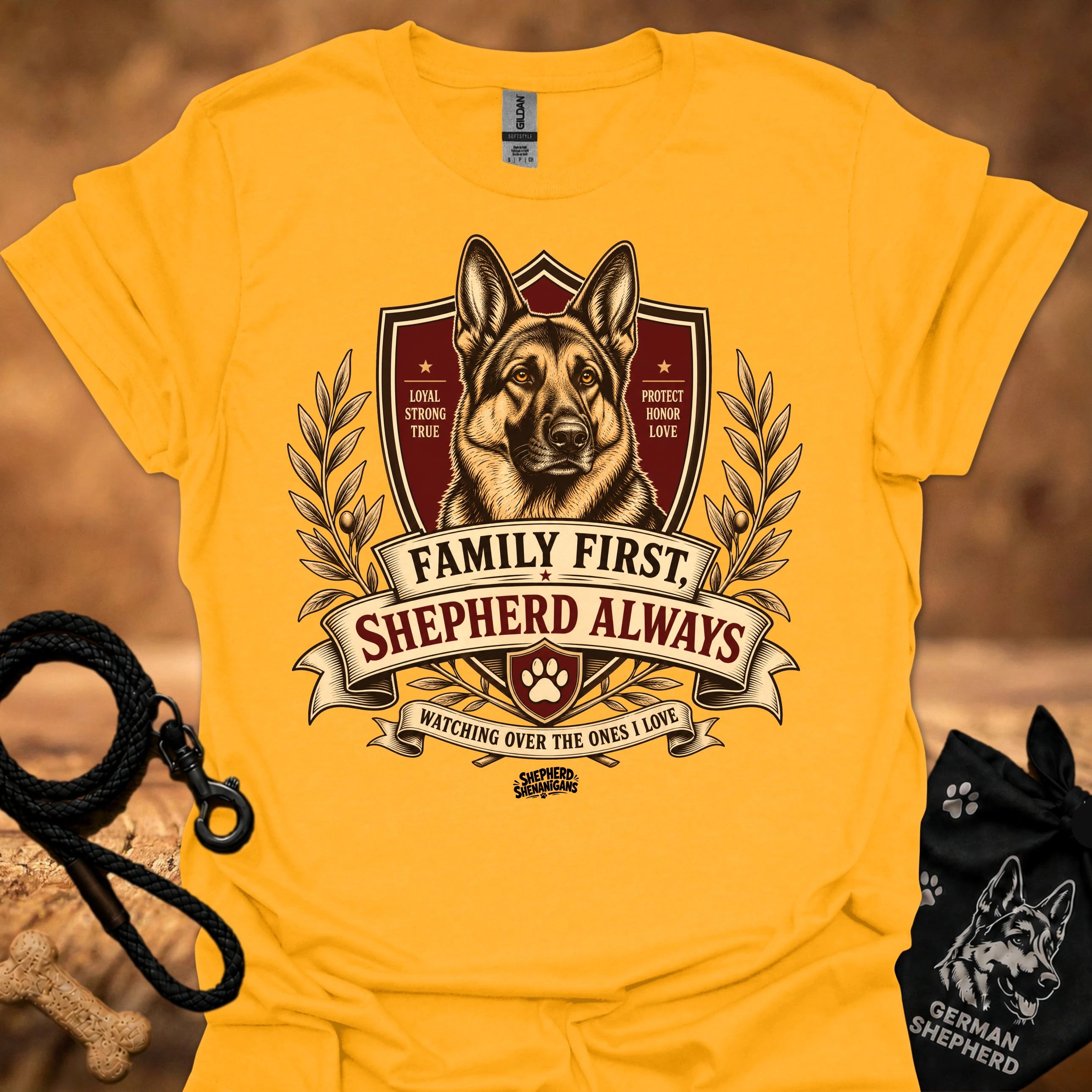 Gold crew-neck T-shirt with German shepherd crest graphic and ribbon text