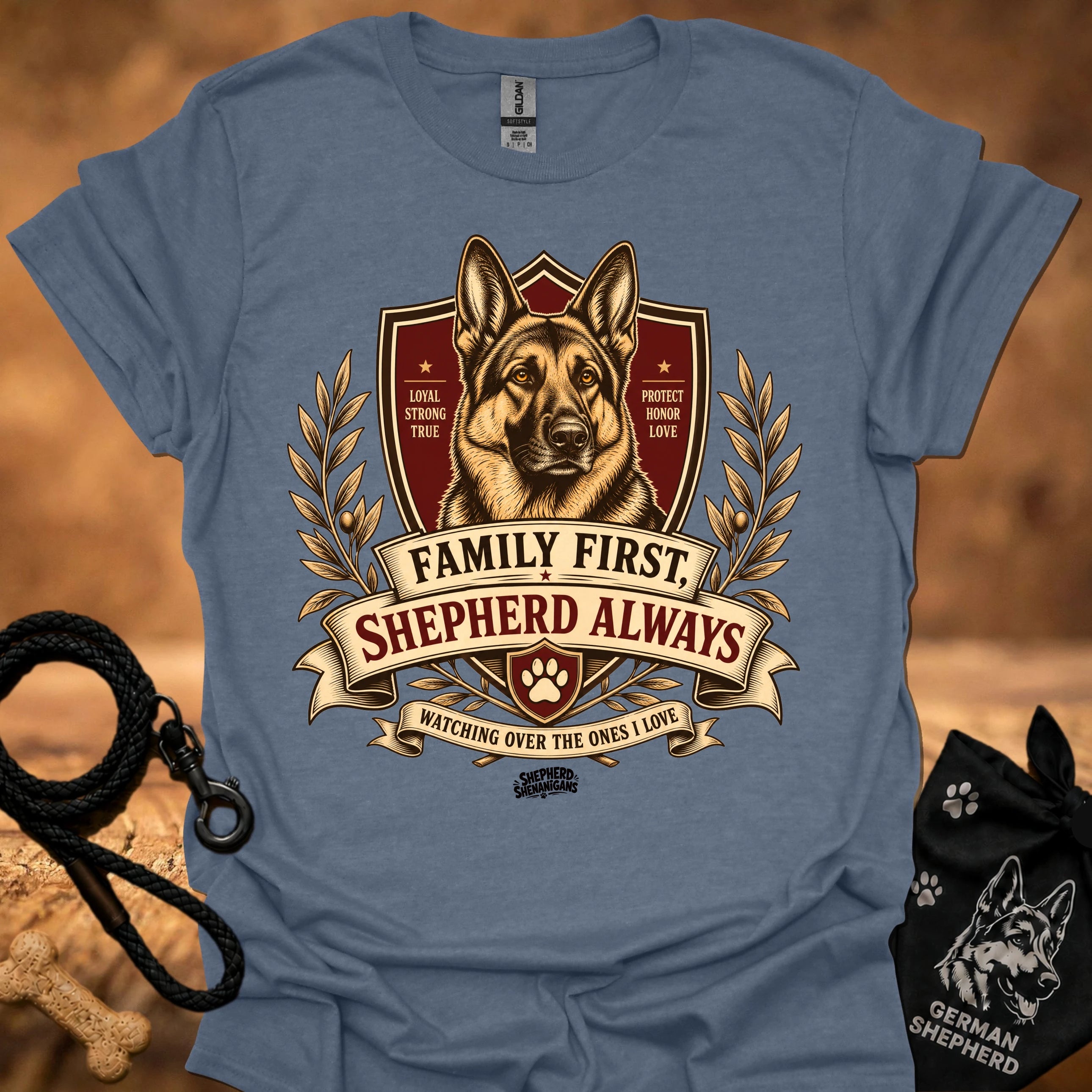 Powder blue crew-neck T-shirt with German shepherd crest graphic and ribbon text