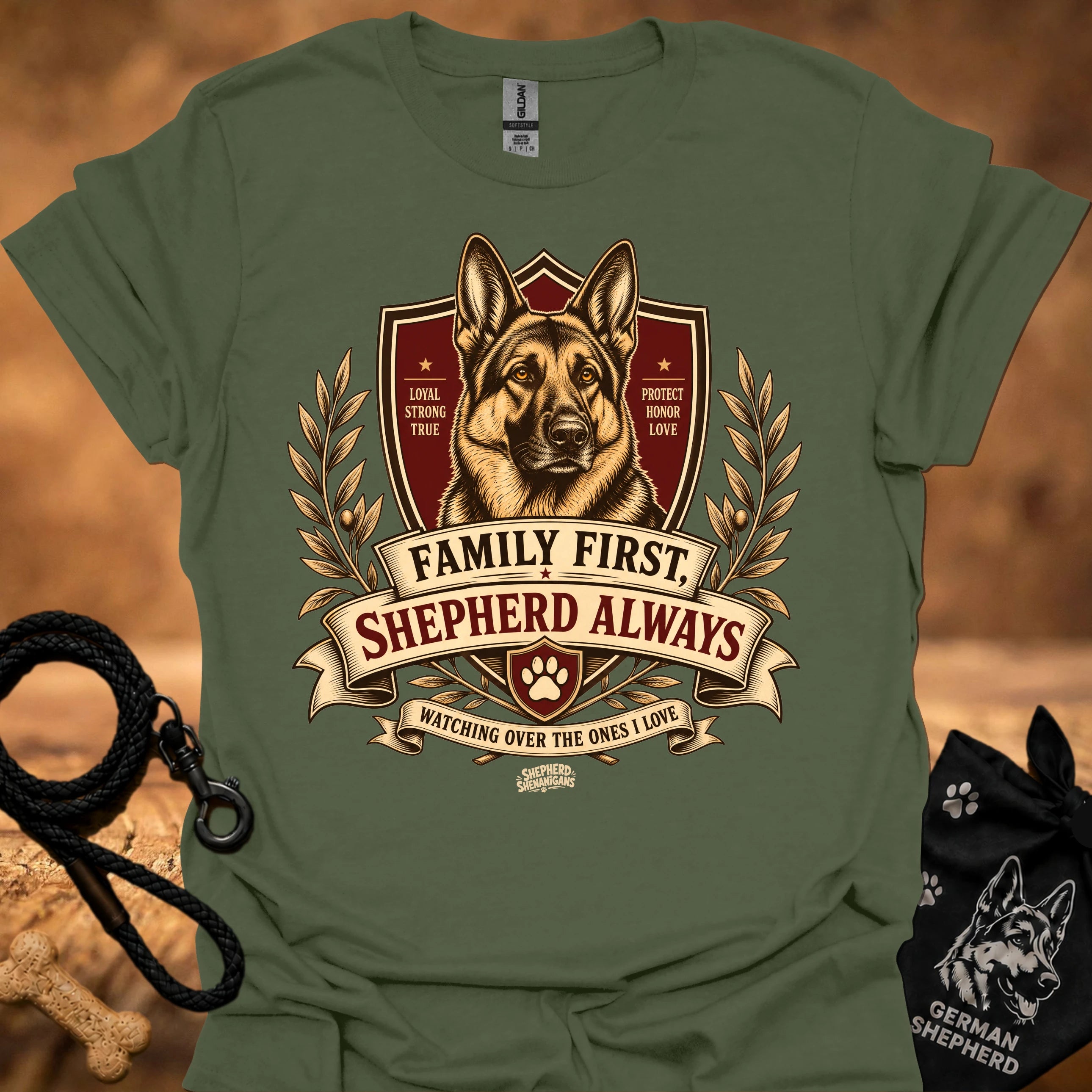 Dark green crew-neck T-shirt with German shepherd crest graphic and ribbon text