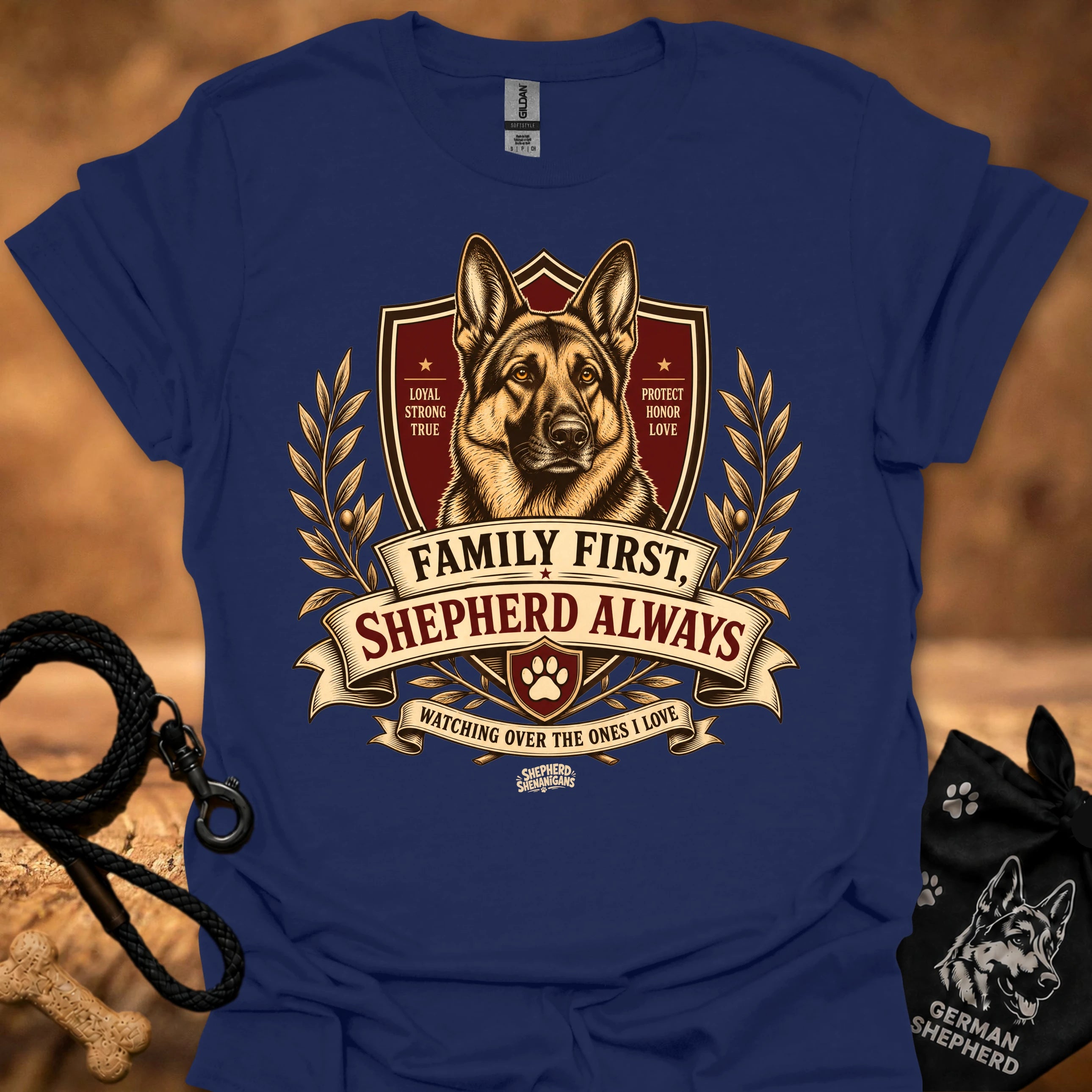 Heather navy crew-neck T-shirt with German shepherd crest graphic and ribbon text