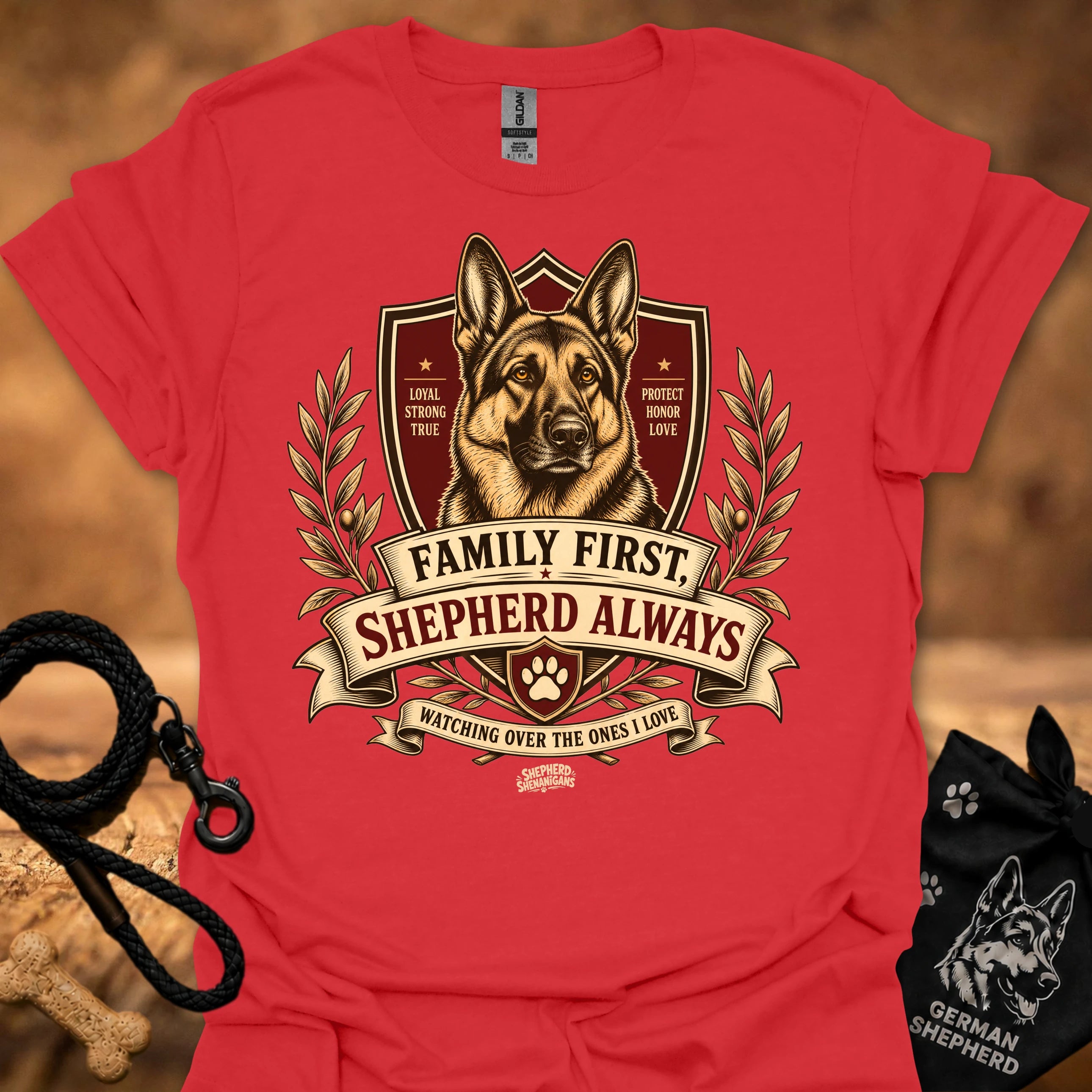 Red crew-neck T-shirt with German shepherd crest graphic and ribbon text