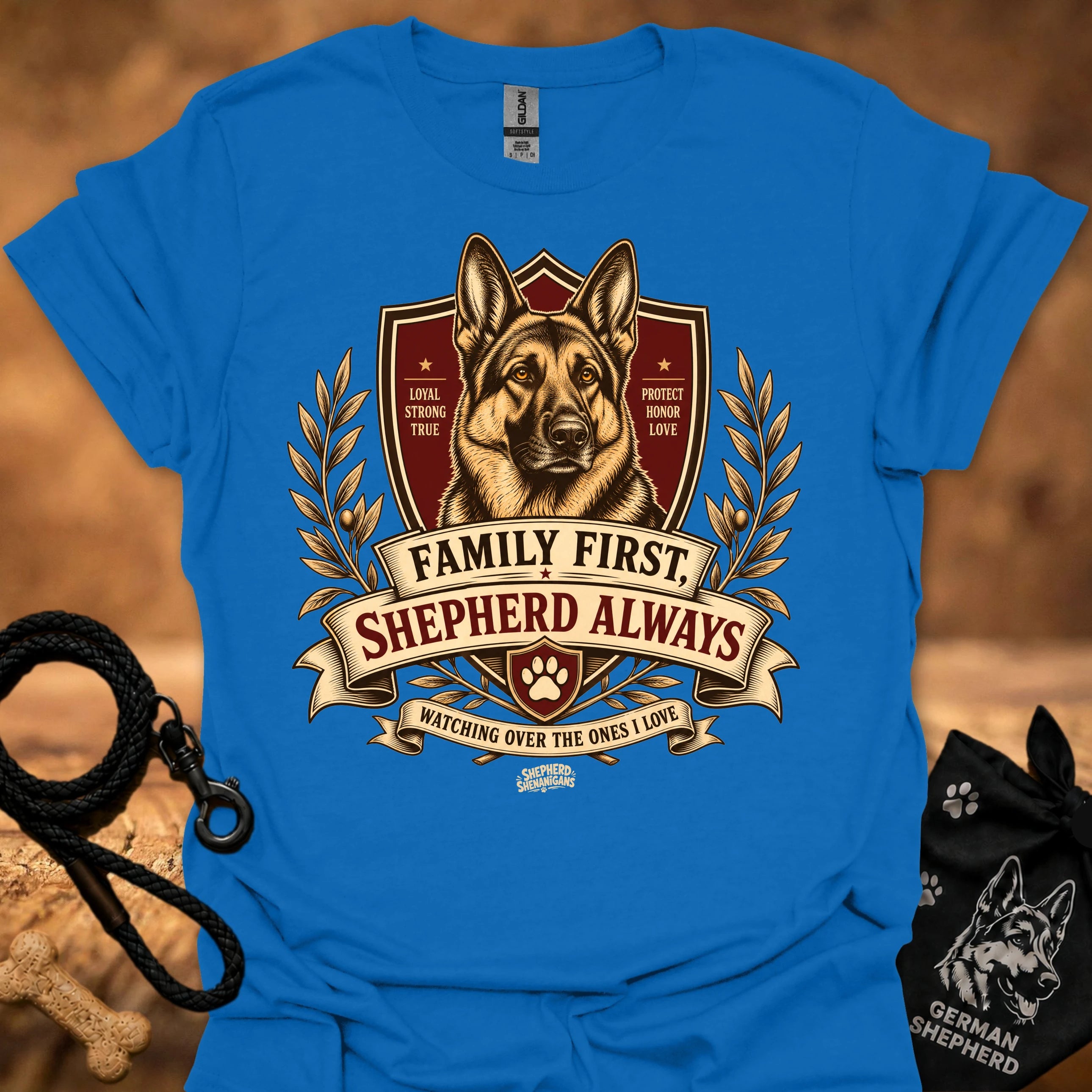 Royal blue crew-neck T-shirt with German shepherd crest graphic and ribbon text