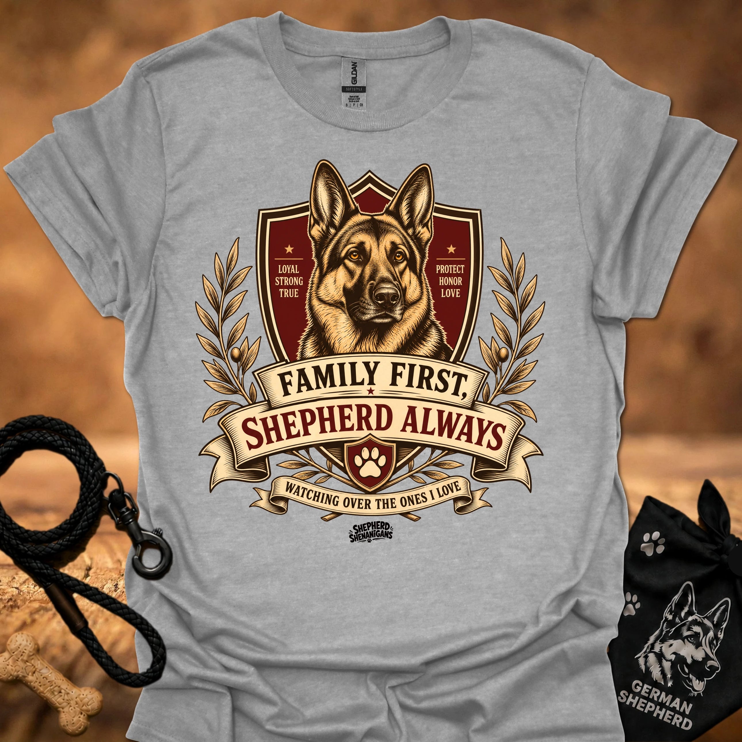 Light gray crew-neck T-shirt with German shepherd crest graphic and ribbon text