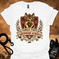 White crew-neck T-shirt with German shepherd crest graphic and ribbon text