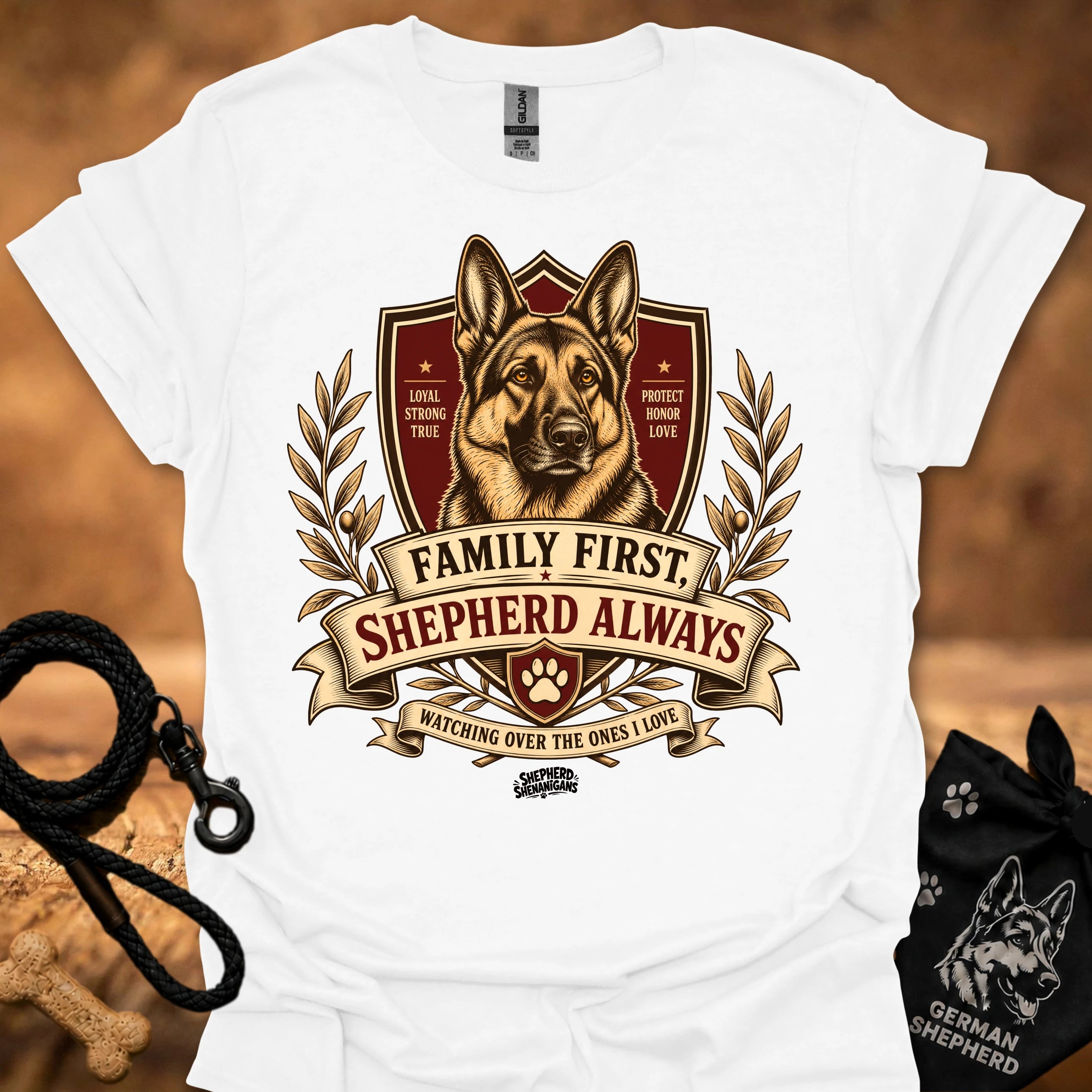 White crew-neck T-shirt with German shepherd crest graphic and ribbon text