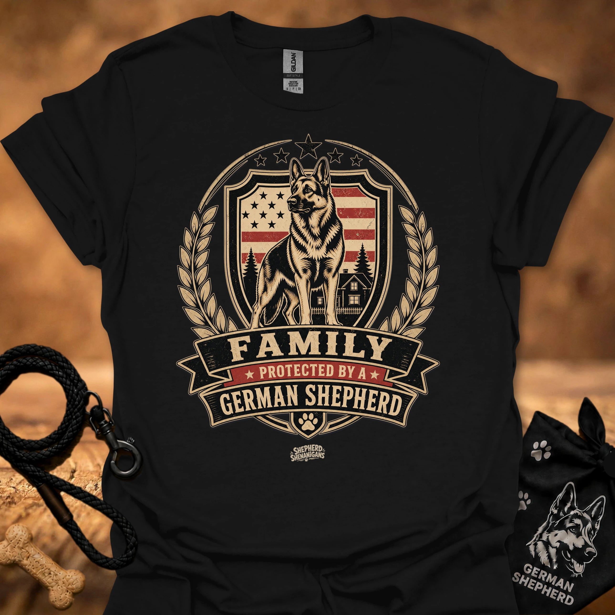 Black T-shirt with German Shepherd family crest and 'FAMILY' ribbon print