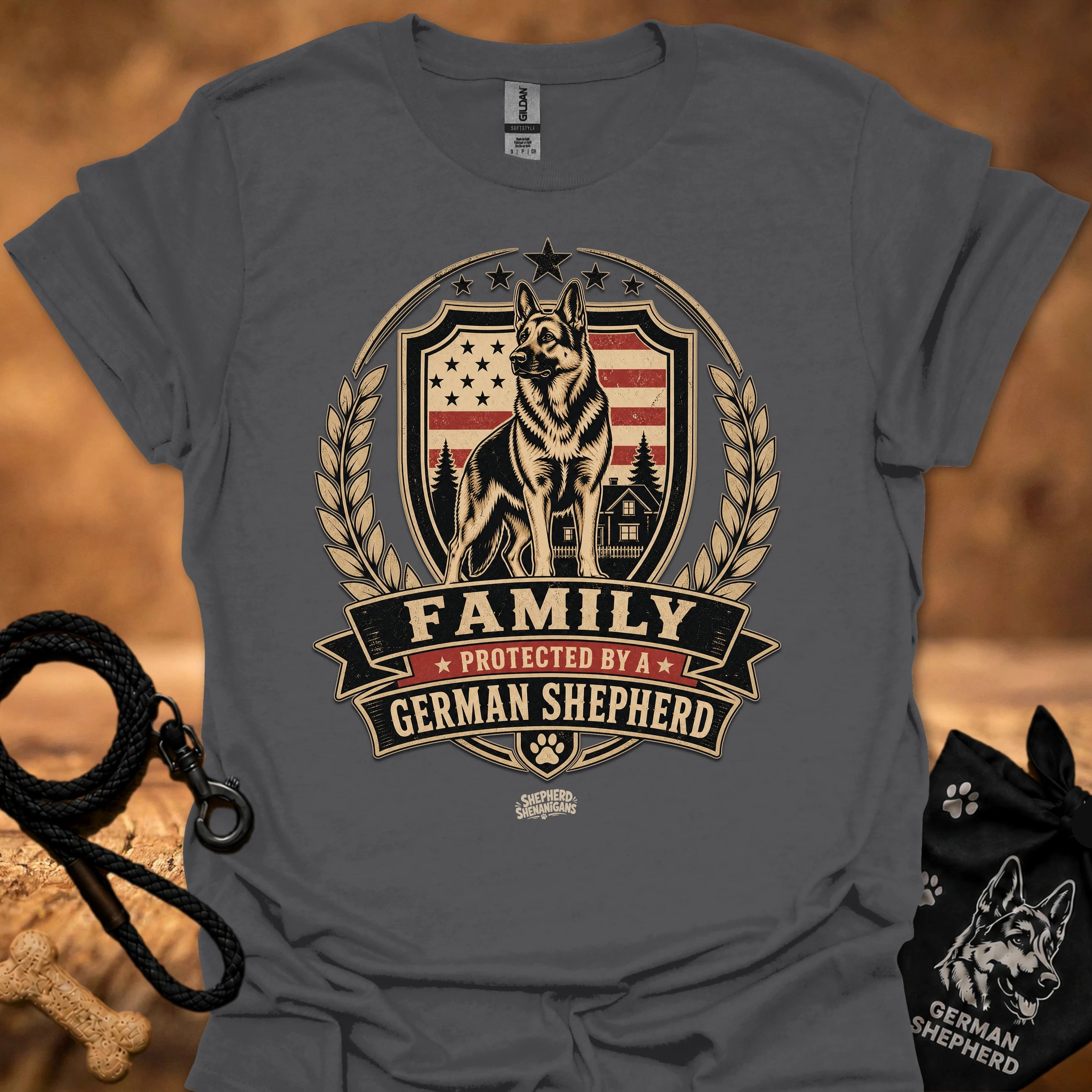 Charcoal T-shirt with German Shepherd family crest and 'FAMILY' ribbon print
