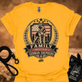 Gold T-shirt with German Shepherd family crest and 'FAMILY' ribbon print
