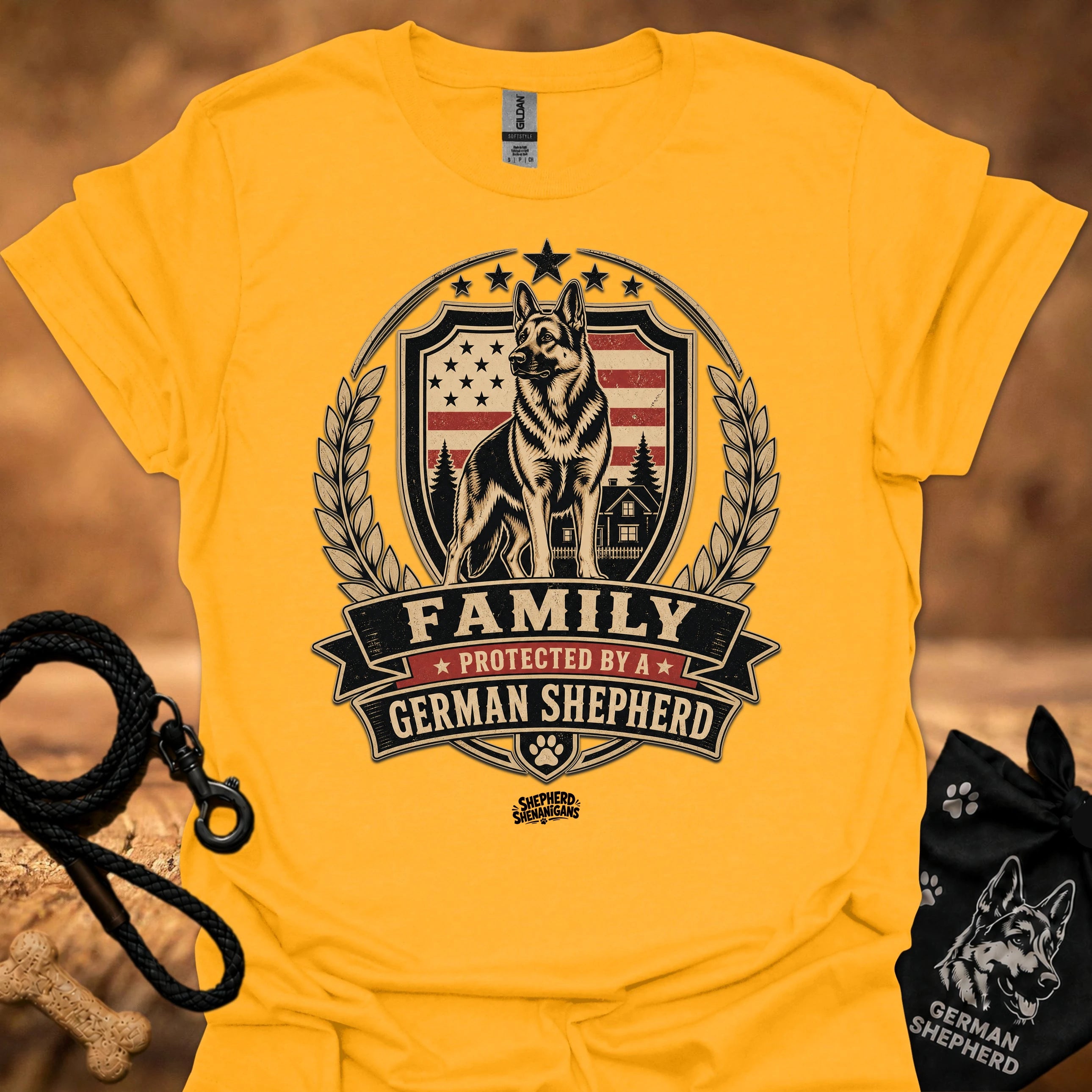 Gold T-shirt with German Shepherd family crest and 'FAMILY' ribbon print