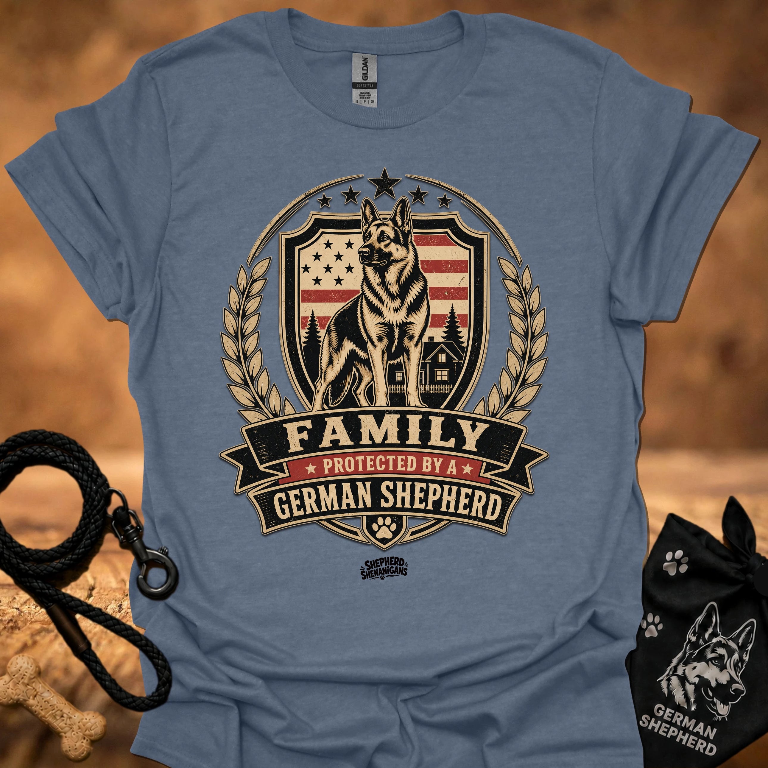 Steel blue T-shirt with German Shepherd family crest and 'FAMILY' ribbon print