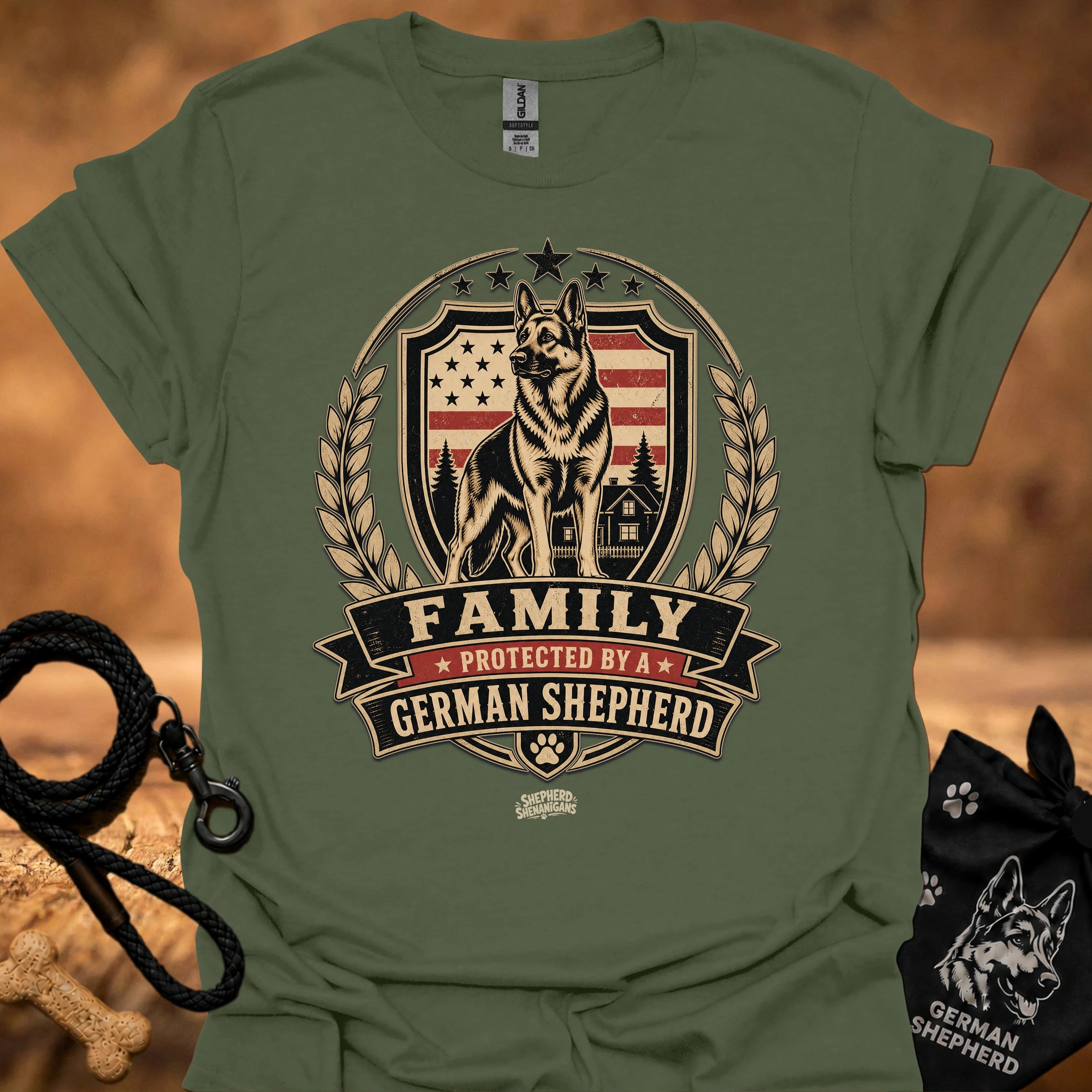 Military green T-shirt with German Shepherd family crest and 'FAMILY' ribbon print