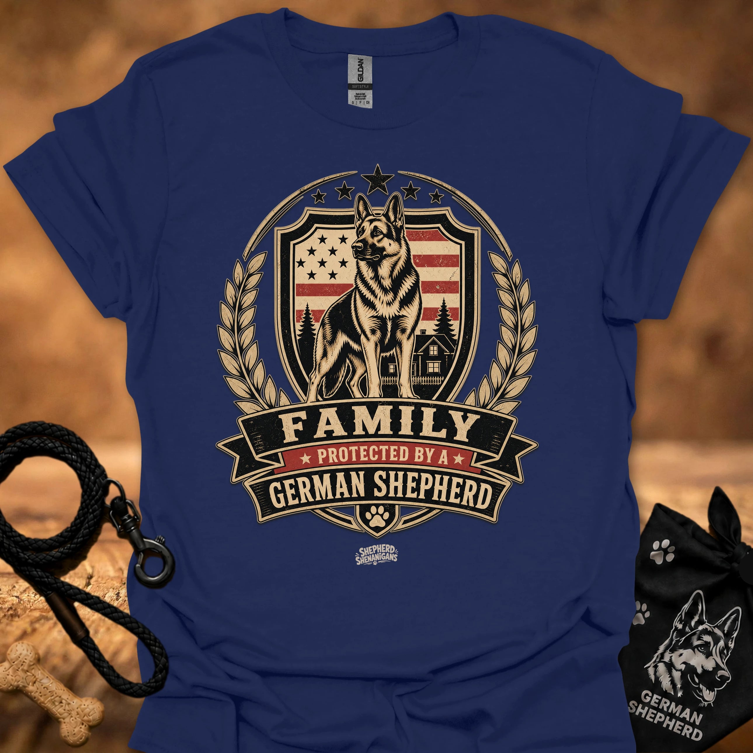 Navy T-shirt with German Shepherd family crest and 'FAMILY' ribbon print