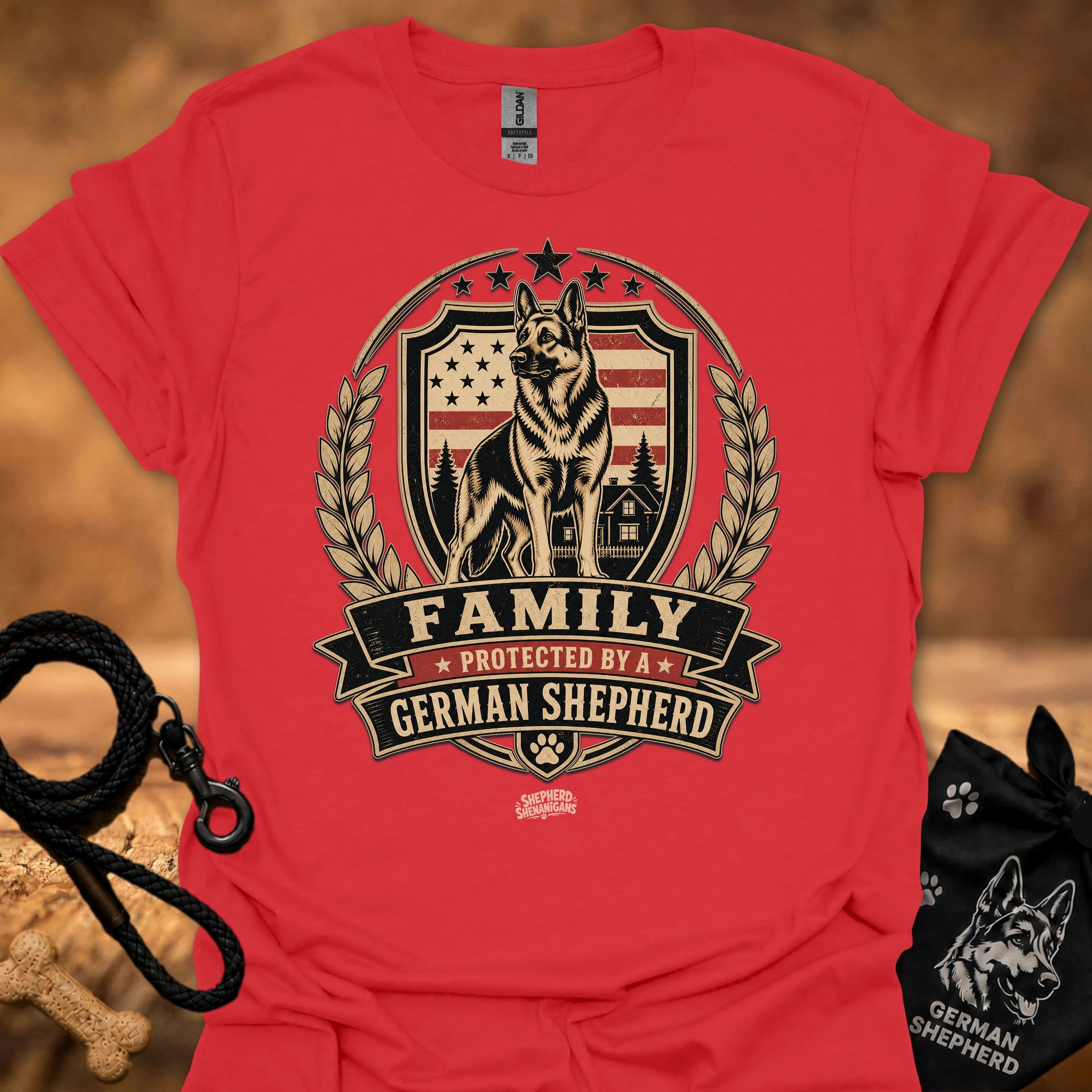 Red T-shirt with German Shepherd family crest and 'FAMILY' ribbon print