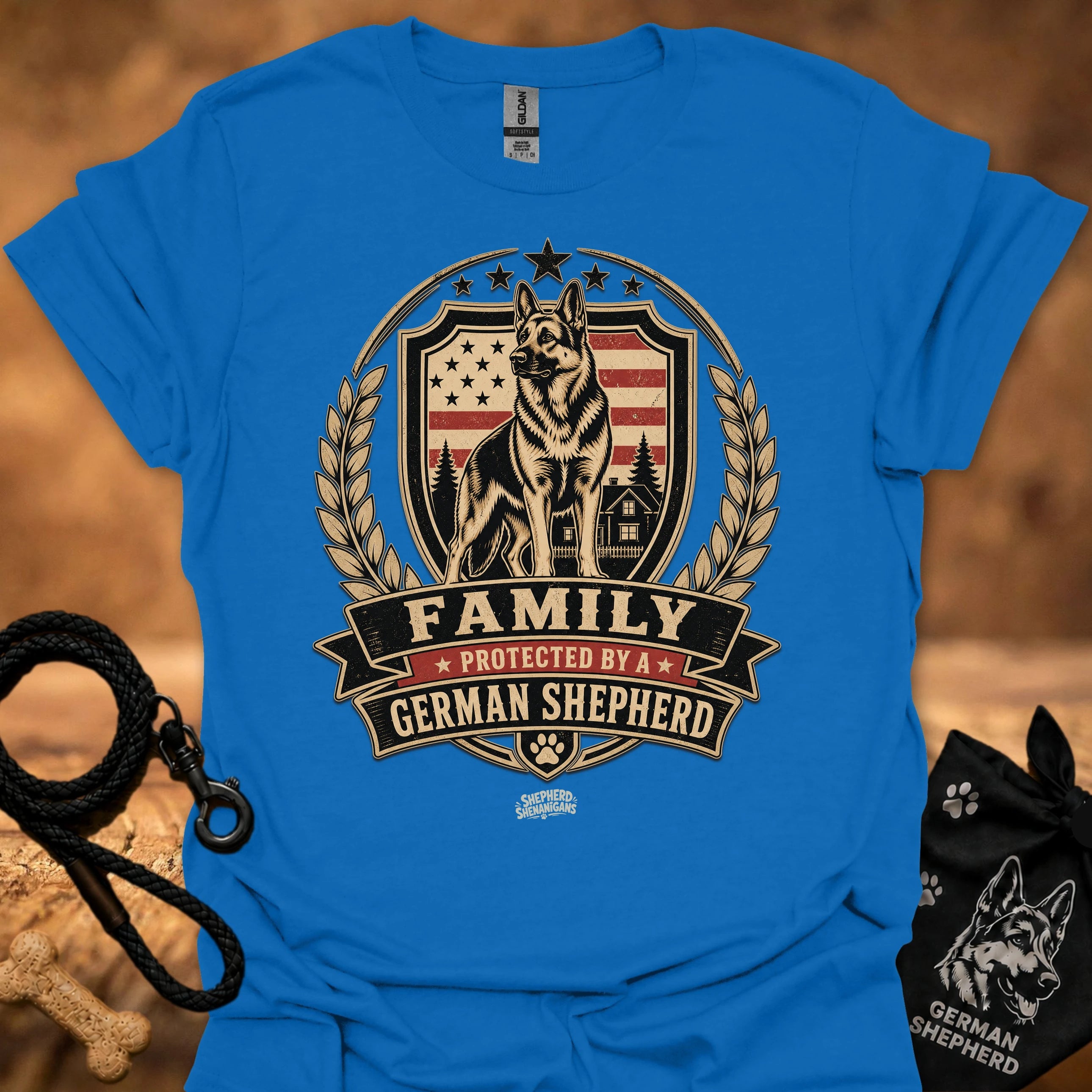 Royal blue T-shirt with German Shepherd family crest and 'FAMILY' ribbon print