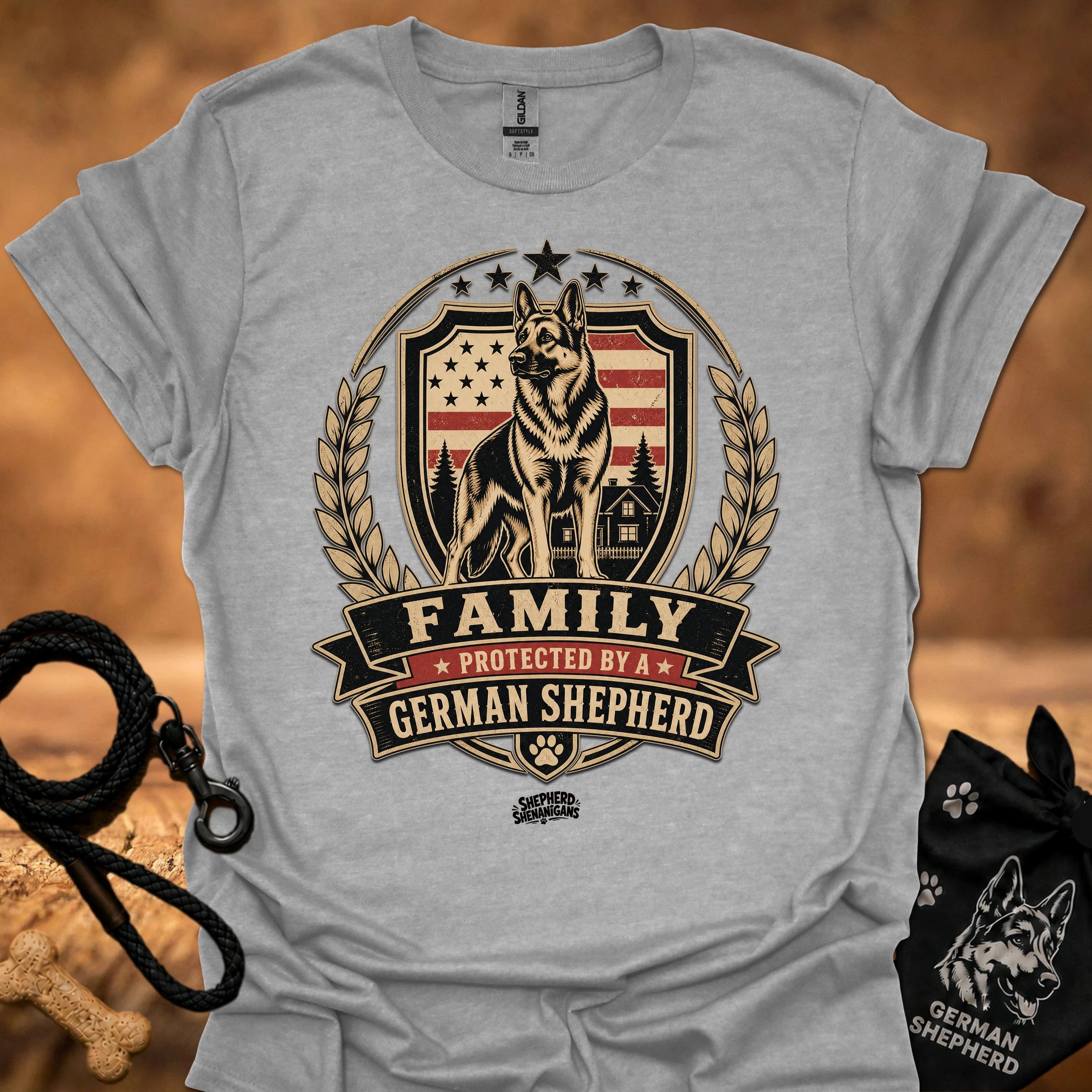 Heather gray T-shirt with German Shepherd family crest and 'FAMILY' ribbon print