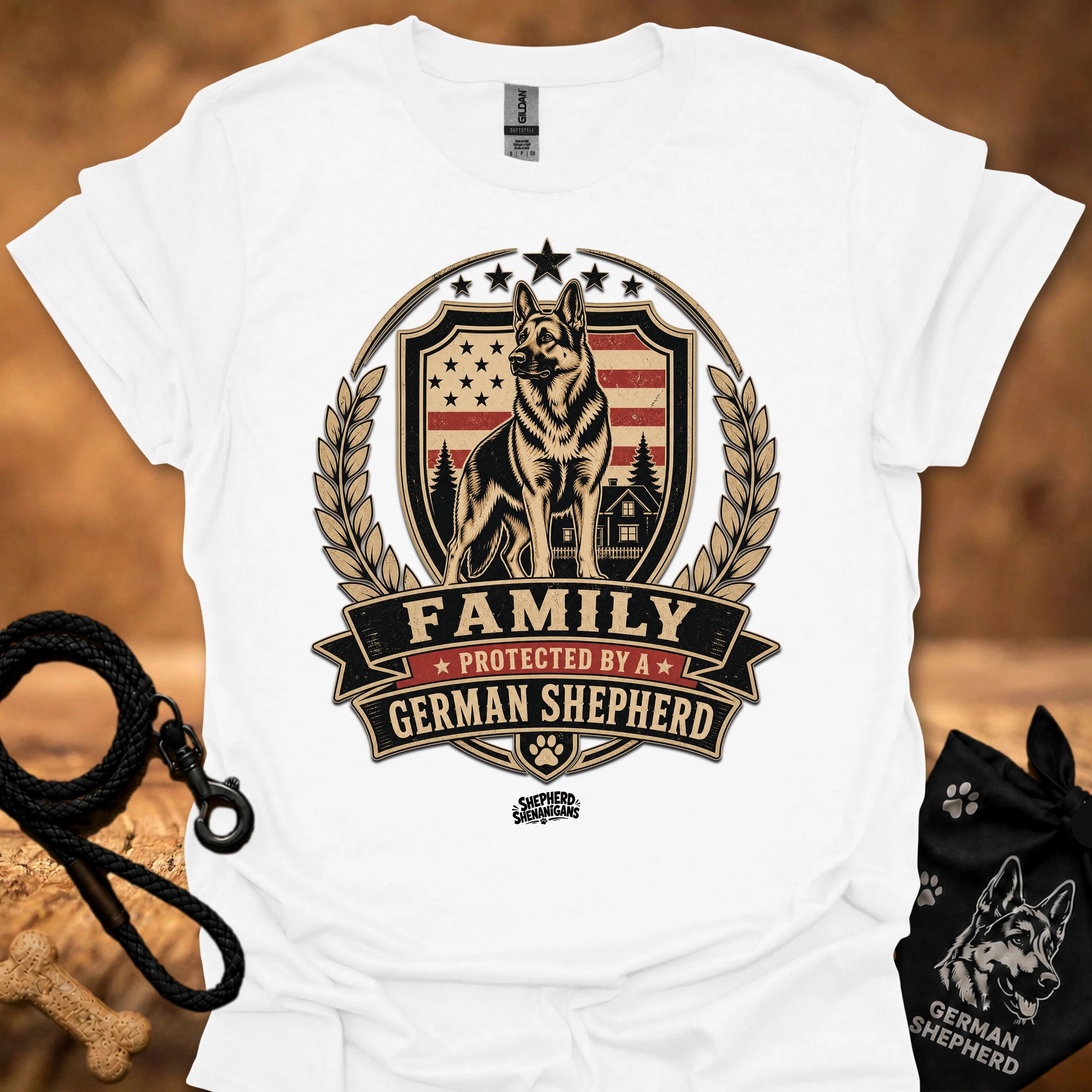 White T-shirt with German Shepherd family crest and 'FAMILY' ribbon print