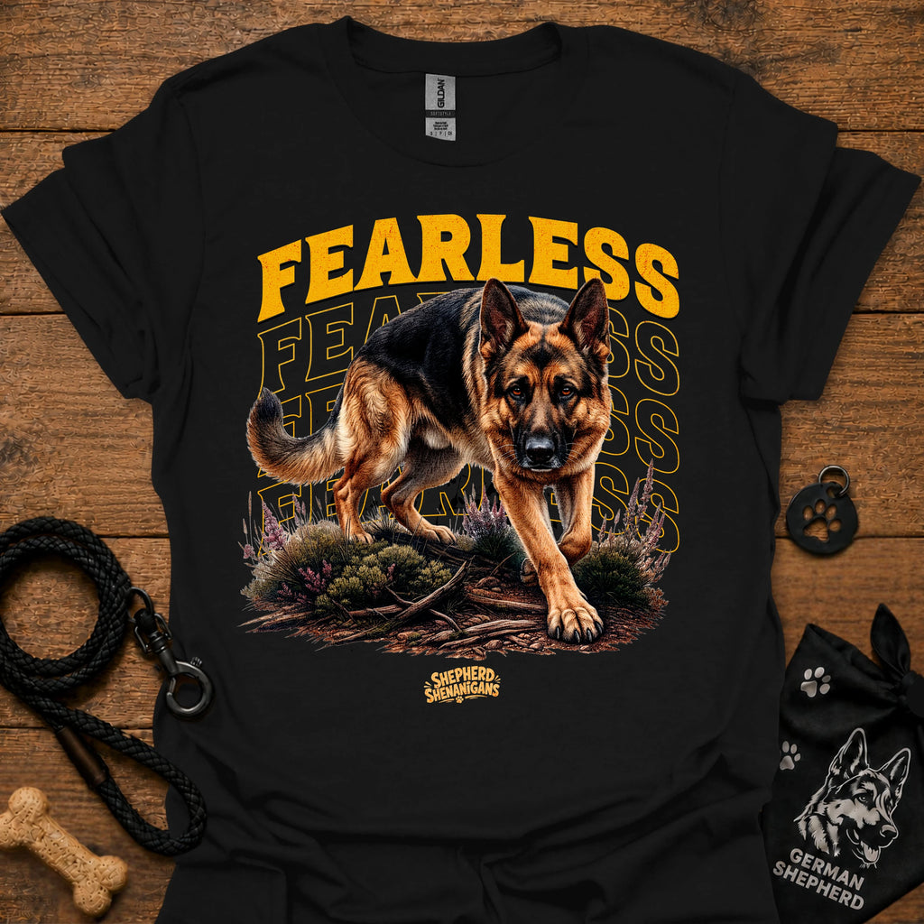 Black graphic dog T-shirt with 'Fearless' text and running German shepherd print