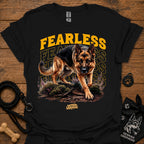 Black graphic dog T-shirt with 'Fearless' text and running German shepherd print
