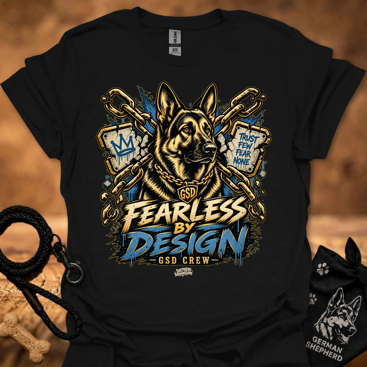 Black T-shirt with gold German shepherd graphic and “Fearless by Design” print
