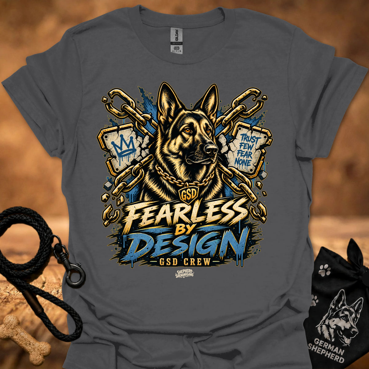Charcoal T-shirt with gold German shepherd graphic and “Fearless by Design” print