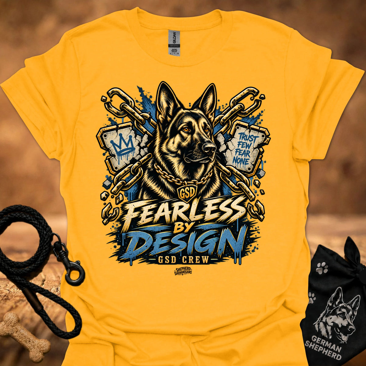 Gold/yellow T-shirt with gold German shepherd graphic and “Fearless by Design” print