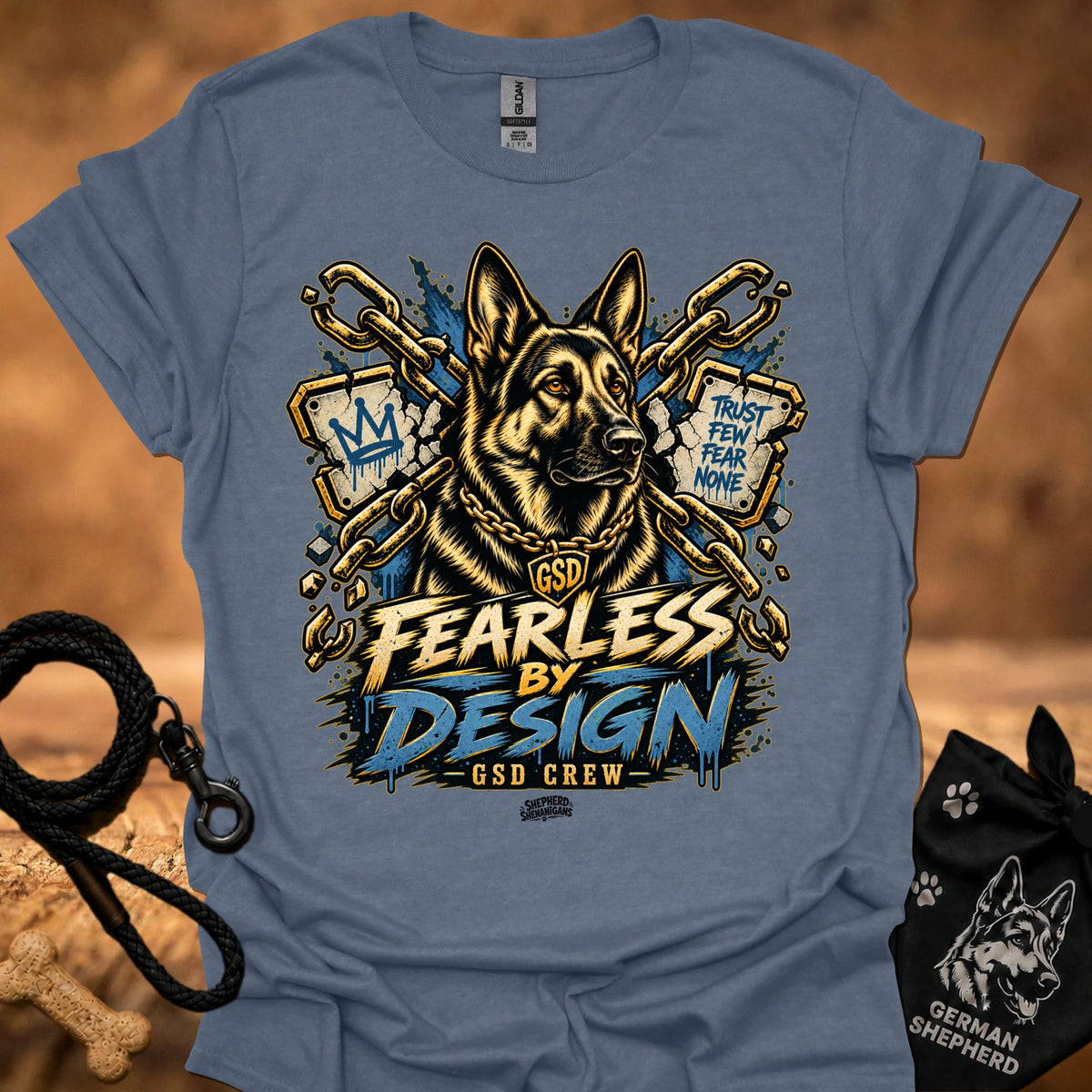 Steel blue T-shirt with gold German shepherd graphic and “Fearless by Design” print