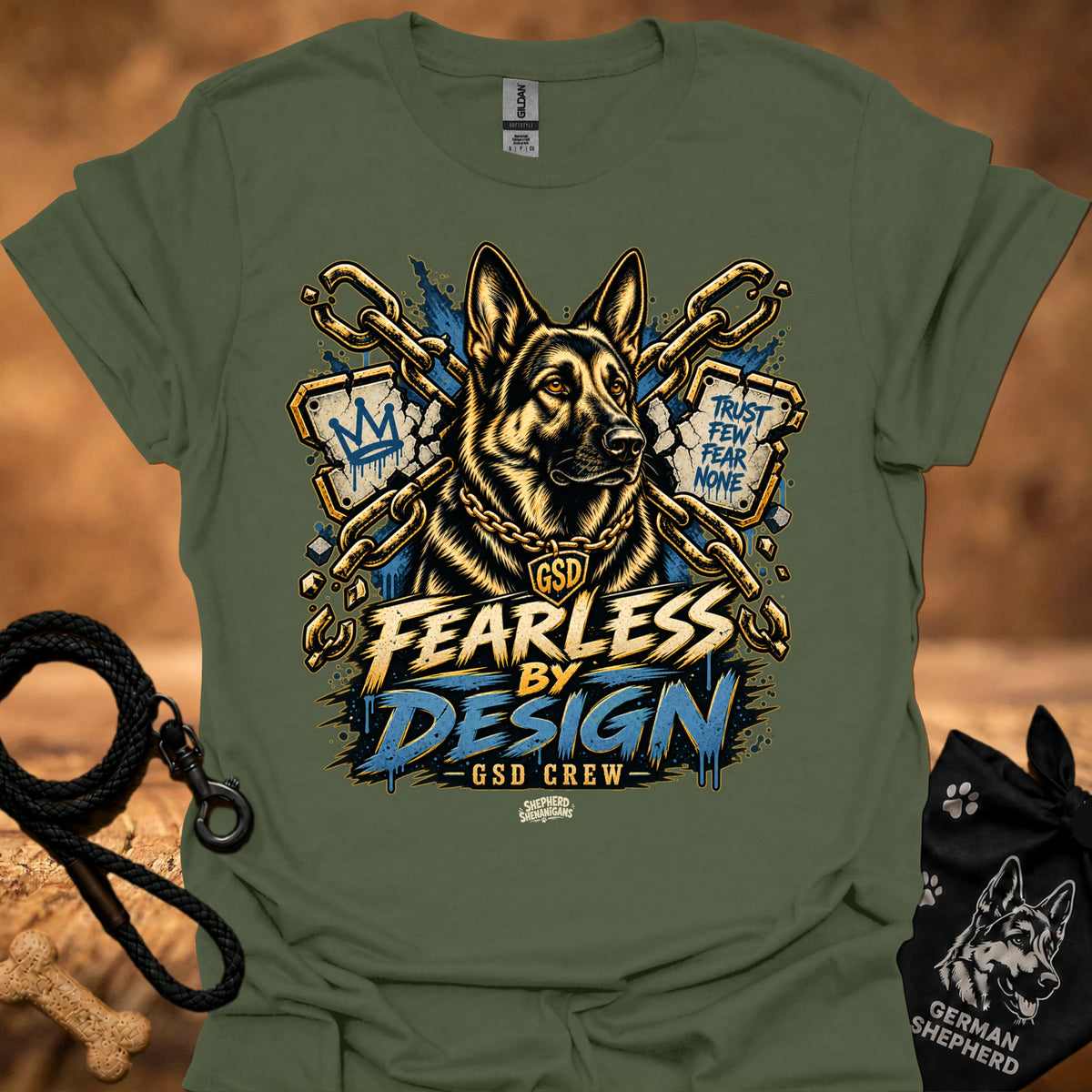 Military green T-shirt with gold German shepherd graphic and “Fearless by Design” print