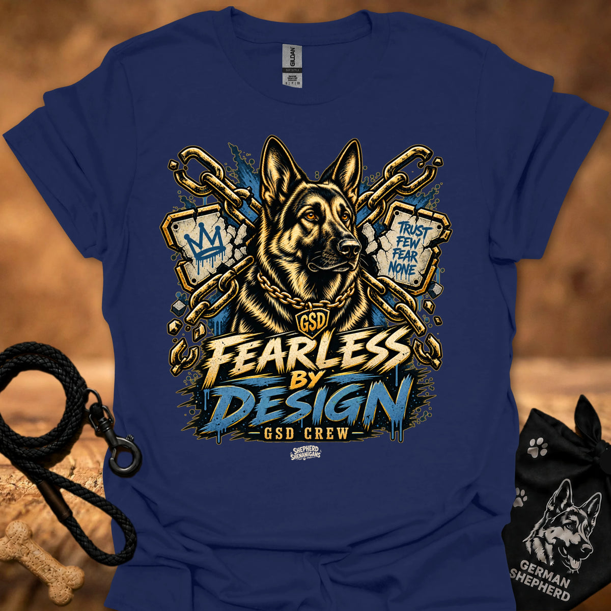 Navy T-shirt with gold German shepherd graphic and “Fearless by Design” print