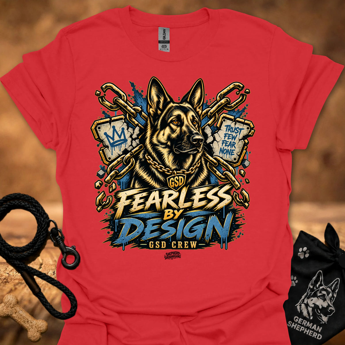 Red T-shirt with gold German shepherd graphic and “Fearless by Design” print