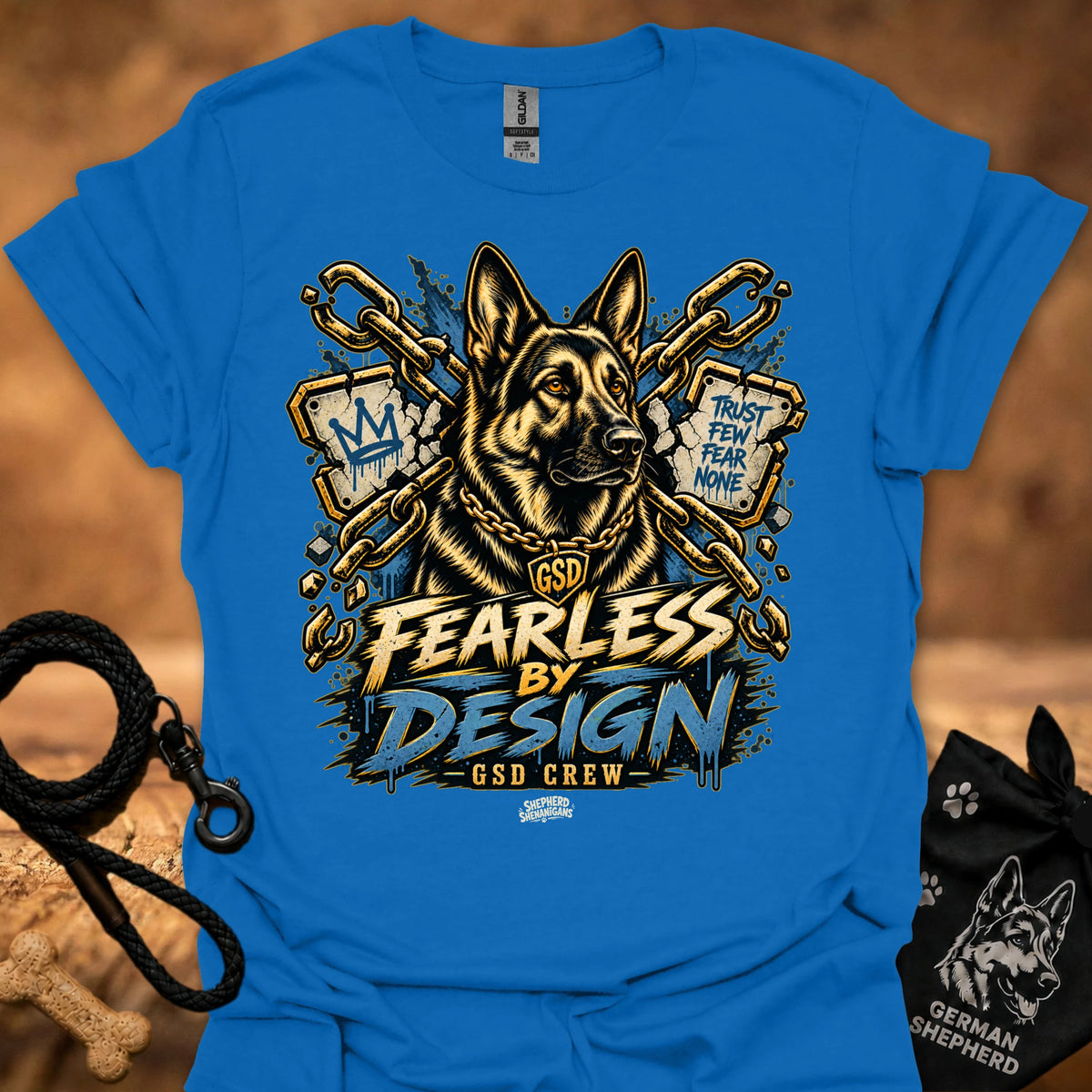 Royal blue T-shirt with gold German shepherd graphic and “Fearless by Design” print