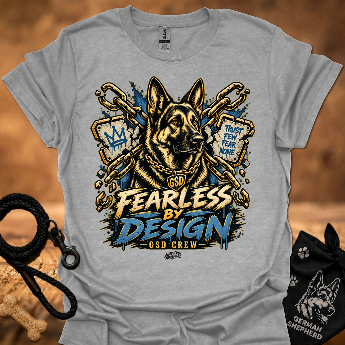 Heather gray T-shirt with gold German shepherd graphic and “Fearless by Design” print
