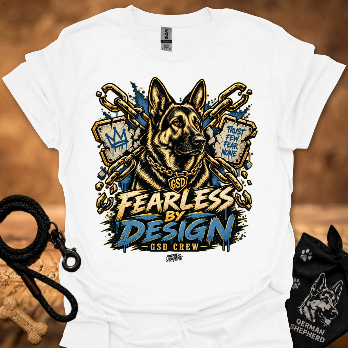 White T-shirt with gold German shepherd graphic and “Fearless by Design” print
