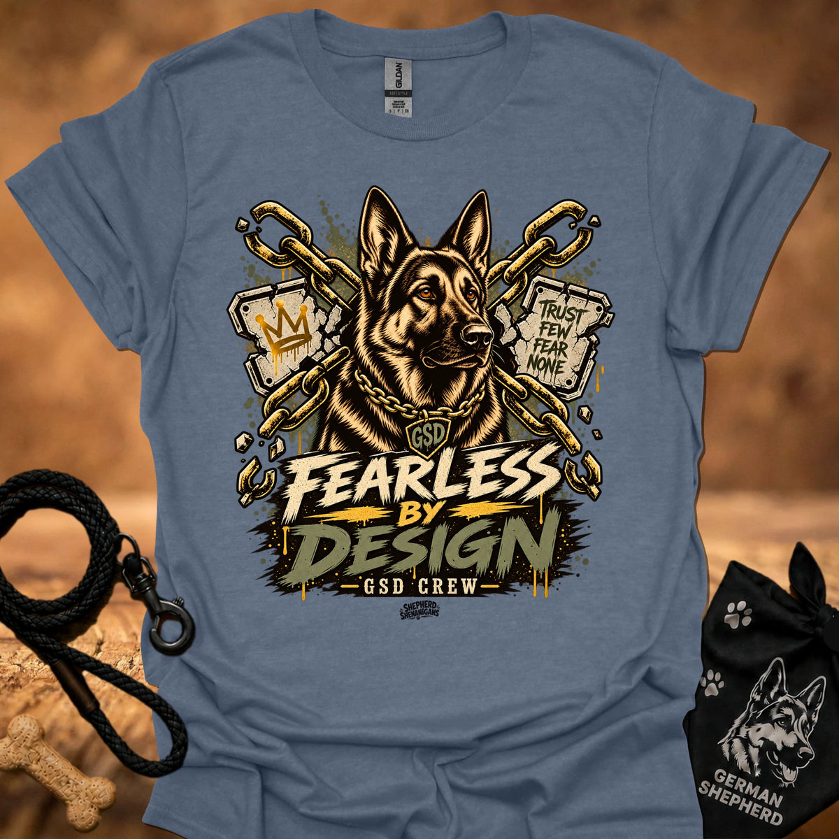 Denim blue graphic crew-neck T-shirt with gold dog head and Fearless by Design lettering