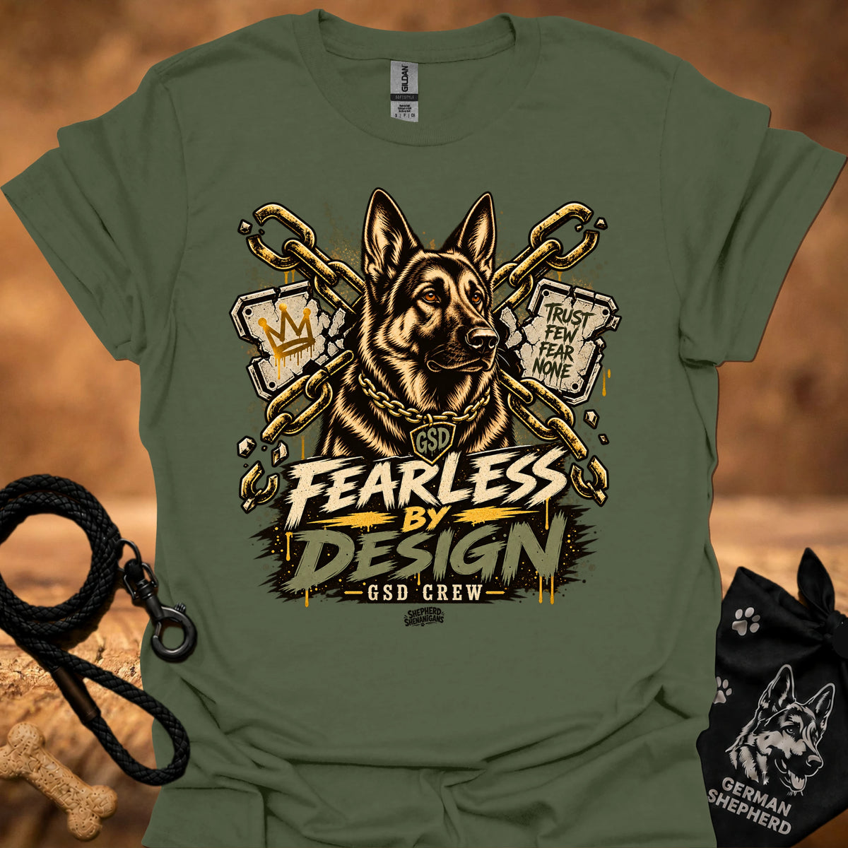 Olive green graphic crew-neck T-shirt with gold dog head and Fearless by Design lettering