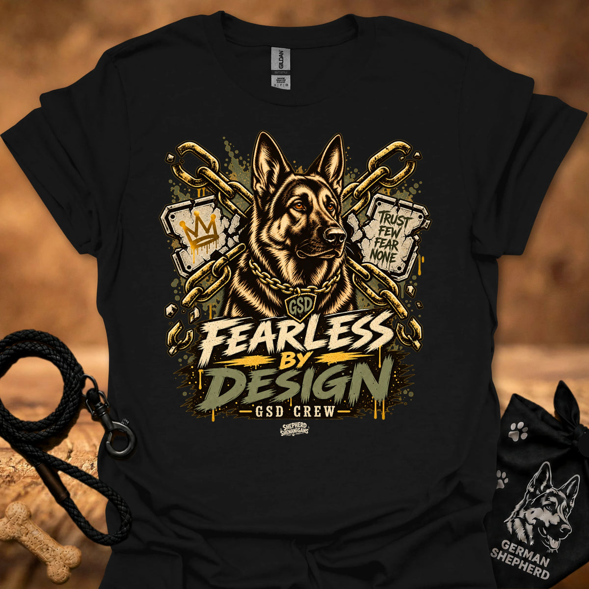 Black graphic crew-neck T-shirt with gold dog head and Fearless by Design lettering
