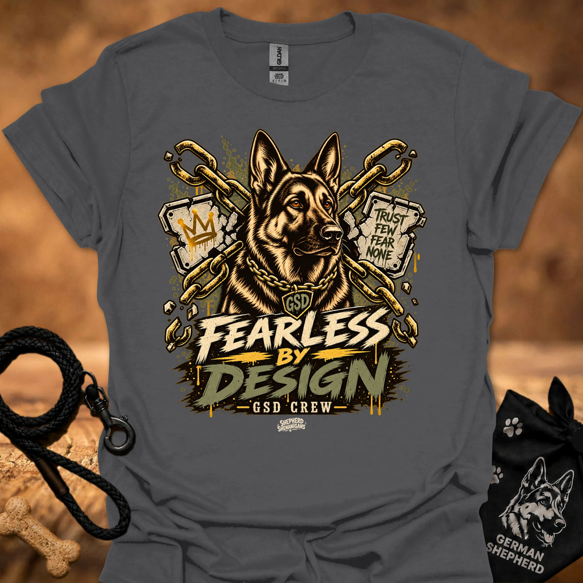 Dark gray graphic crew-neck T-shirt with gold dog head and lettering design