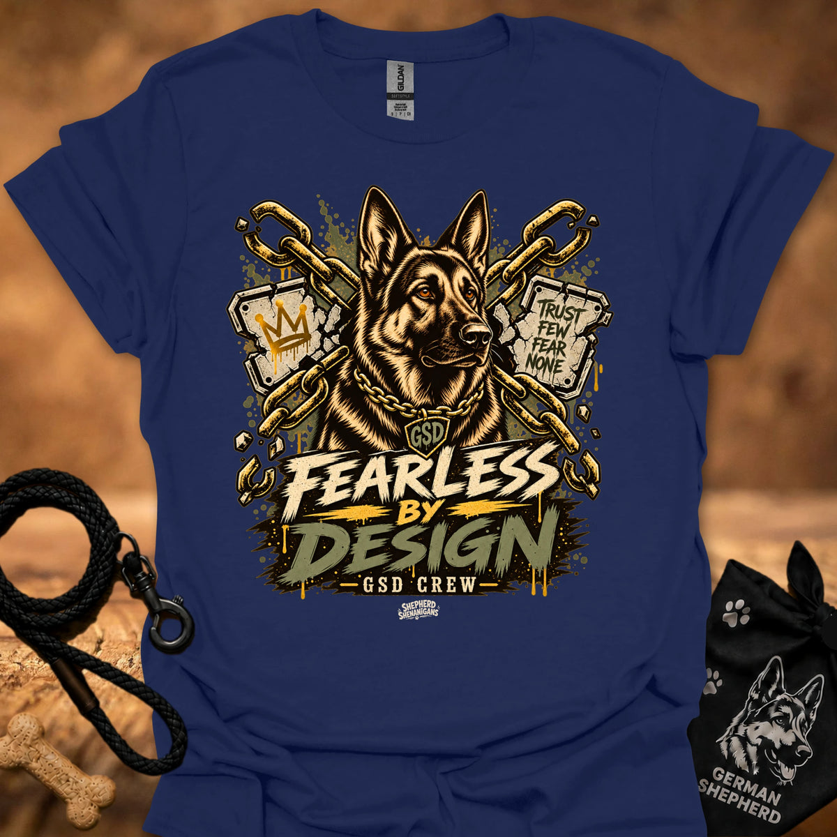 Navy graphic crew-neck T-shirt with gold dog head and Fearless by Design lettering