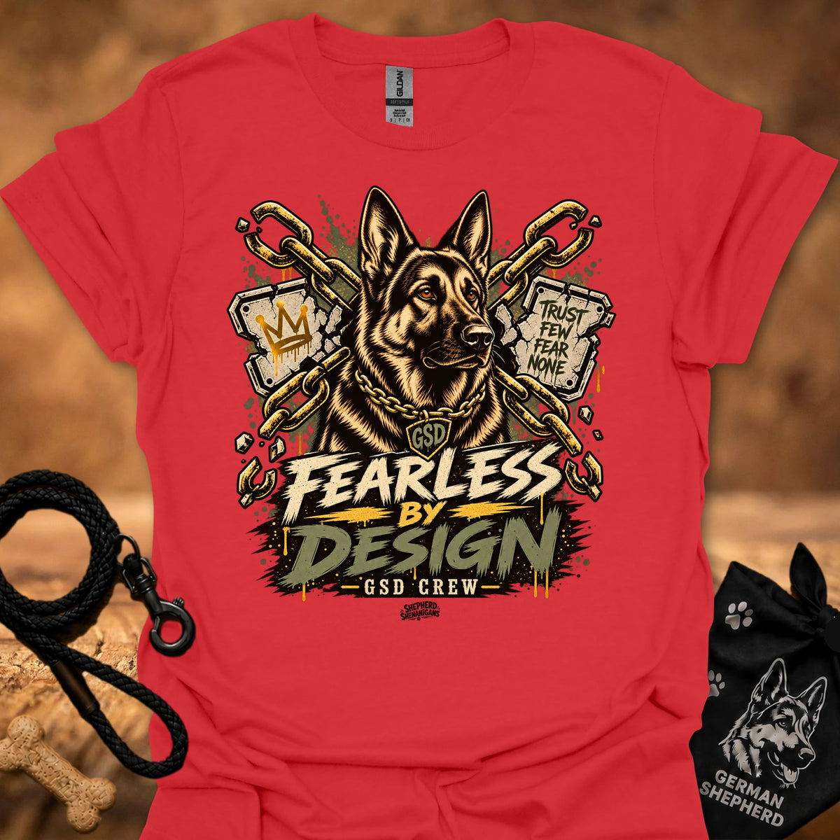 Red graphic crew-neck T-shirt with gold dog head and Fearless by Design lettering
