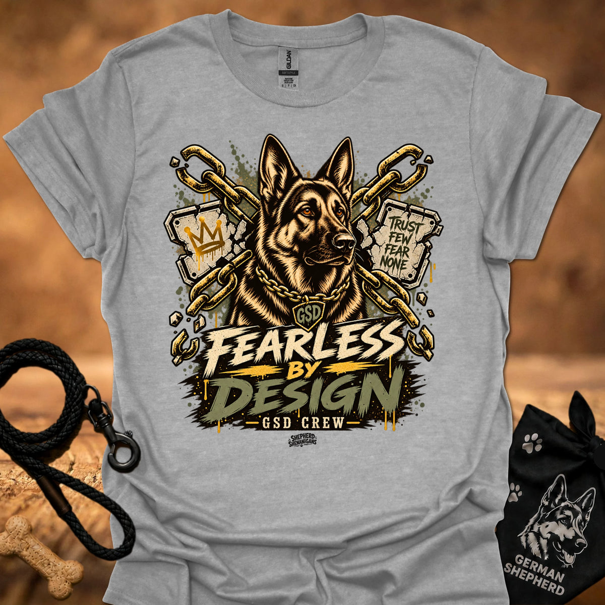 Light gray graphic crew-neck T-shirt with gold dog head and Fearless by Design lettering