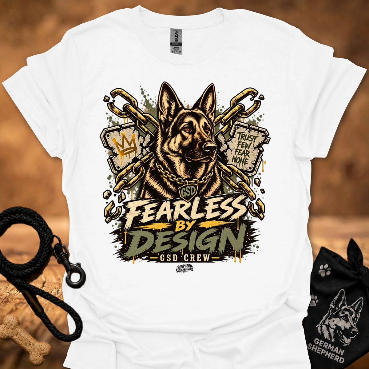 White graphic crew-neck T-shirt with gold dog head and Fearless by Design lettering