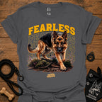 Charcoal graphic dog T-shirt with 'Fearless' text and running German shepherd print