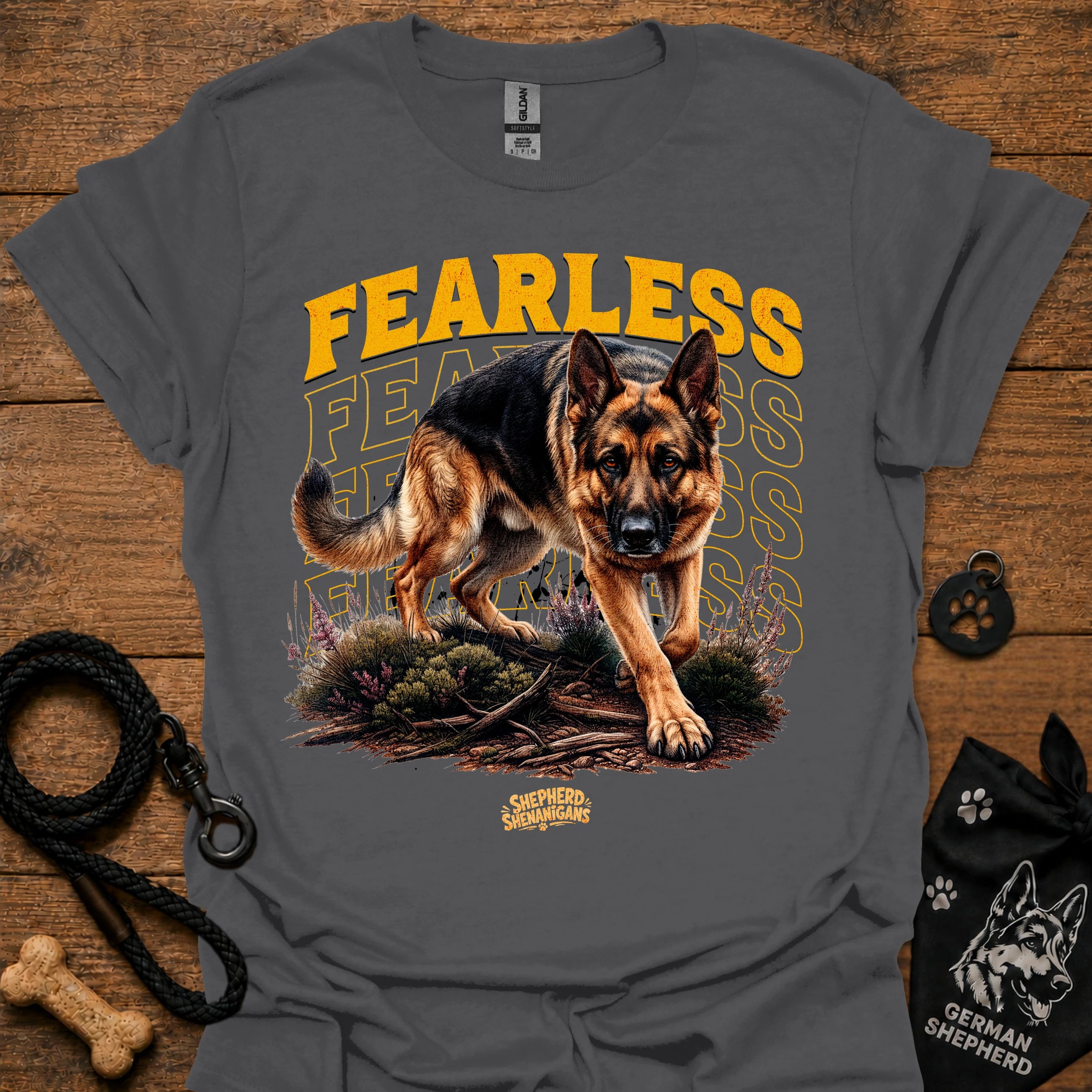 Charcoal graphic dog T-shirt with 'Fearless' text and running German shepherd print