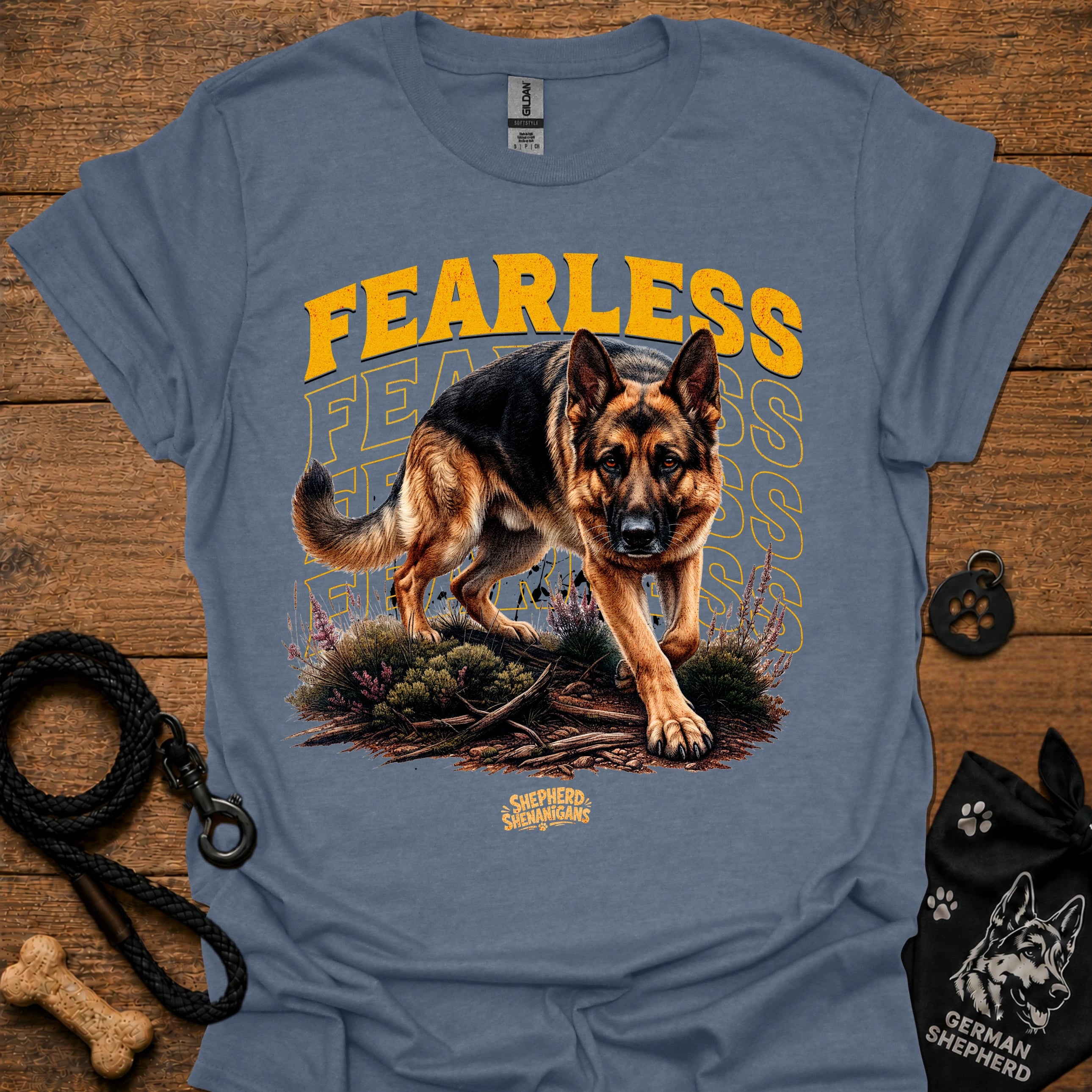Heather indigo graphic dog T-shirt with 'Fearless' text and running German shepherd print